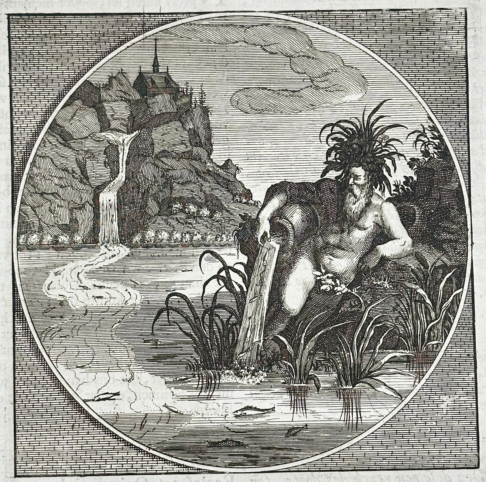 Jacob Cats – Moral Emblem of the River God and the Flowing Waters – Engraving (17th Century): "I Am Touched, Not Broken by the Waves" presents a circular moral emblem depicting a classical river god reclining among reeds and pouring water from an urn into a river, set against a backdrop of mou