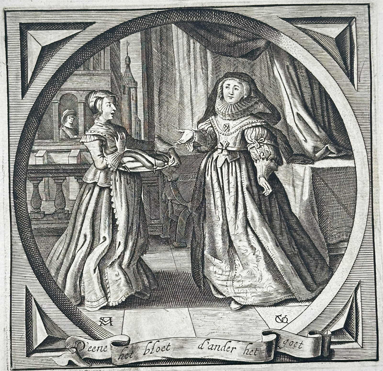 Jacob Cats – Moral Emblem of Honorable Courtship and Suitor's Gifts – Engraving (17th Century): "Honorable Courtship" presents an interior domestic scene illustrating an elegant noblewoman in fine attire receiving a gift on a platter from a maid on behalf of a suitor, framed within an architectu