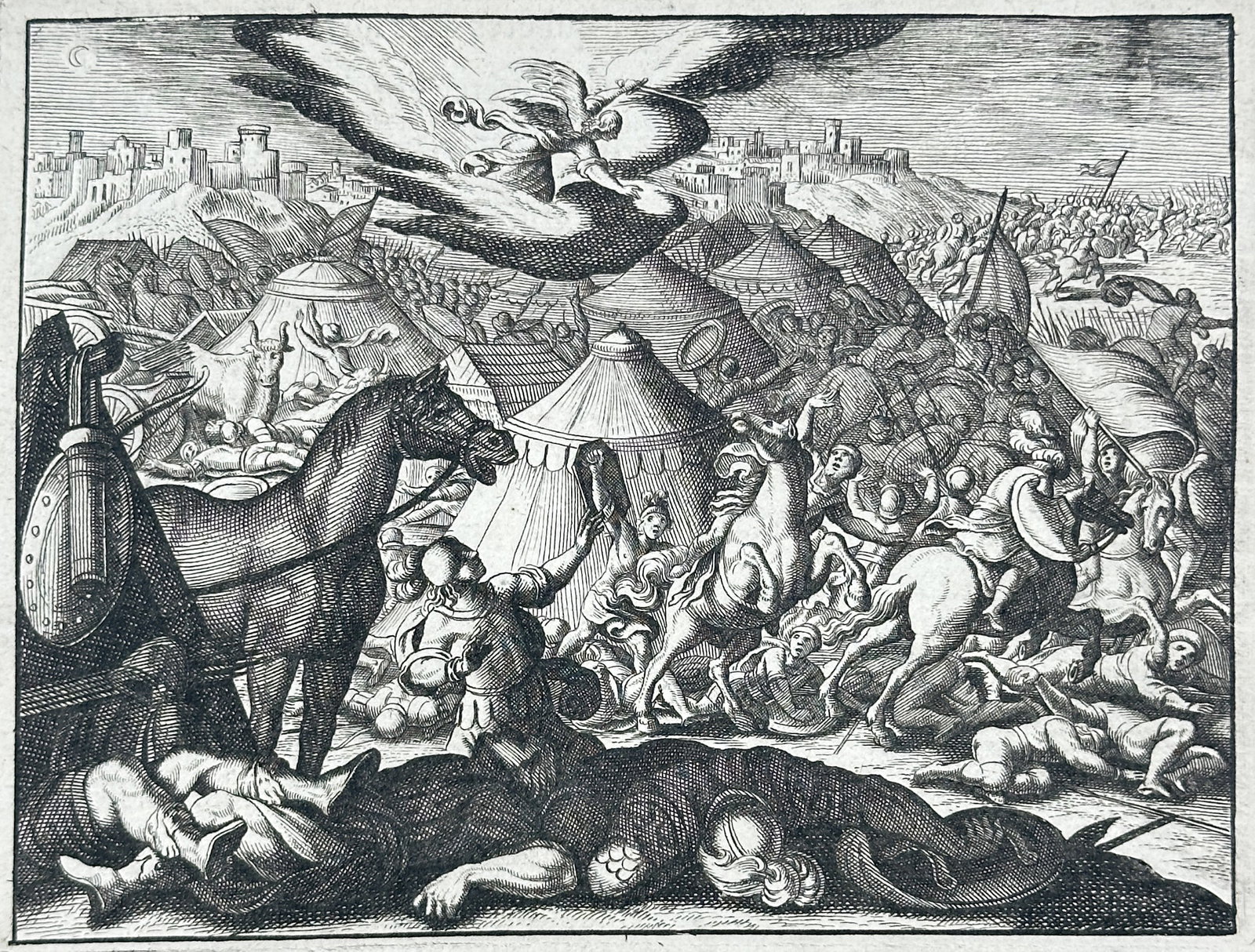 Nicolas Fontaine – Defeat of Sennacherib and the Angel of the Lord – Engraving (17th Century): "Defeat of Sennacherib" presents a dramatic biblical battle scene depicting the divine destruction of the Assyrian encampment by the Angel of the Lord before the fortified walls of Jerusalem. The copp