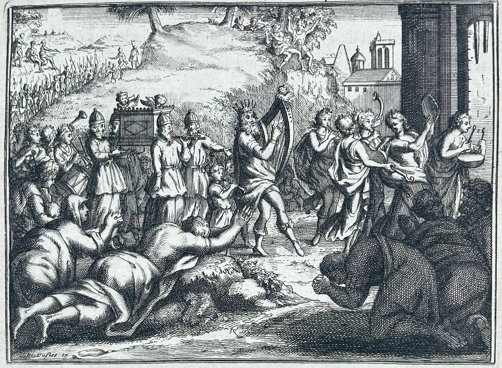 Nicolas Fontaine – King David Dancing Before the Ark of the Covenant – Engraving (17th Century): "David Dances Before the Ark" presents a celebratory biblical narrative scene depicting King David playing a harp and dancing with joyous abandon as the Levites carry the Ark of the Covenant into Jeru