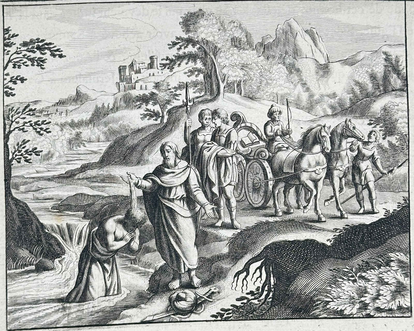 Nicolas Fontaine – Baptism of the Ethiopian Eunuch by Saint Philip – Engraving (17th Century): "Baptized Eunuch" presents a New Testament narrative scene depicting Saint Philip the Deacon baptizing the Ethiopian eunuch in a flowing riverside stream beside a horse-drawn carriage, traveling atten