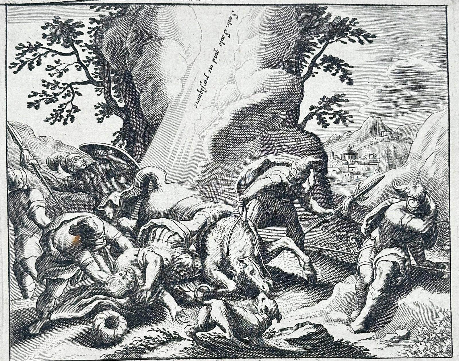Nicolas Fontaine – Conversion of Saint Paul on the Road to Damascus – Engraving (17th Century): "Conversion of Saint Paul" presents a dramatic New Testament biblical narrative scene depicting the sudden blinding divine light striking Saul from his fallen horse along the road to Damascus as his a
