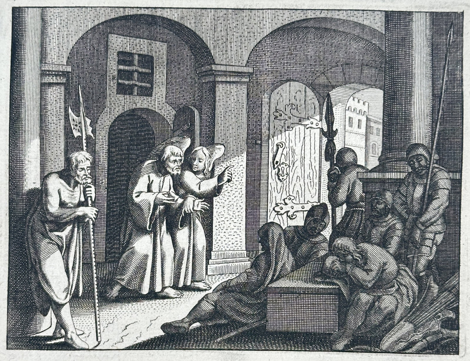 Nicolas Fontaine – Deliverance of Saint Peter from Prison – Engraving (17th Century): "Peter Delivered from Prison" presents a dramatic New Testament biblical narrative scene depicting the Angel of the Lord miraculously leading Saint Peter past sleeping guards and open gates out of cap