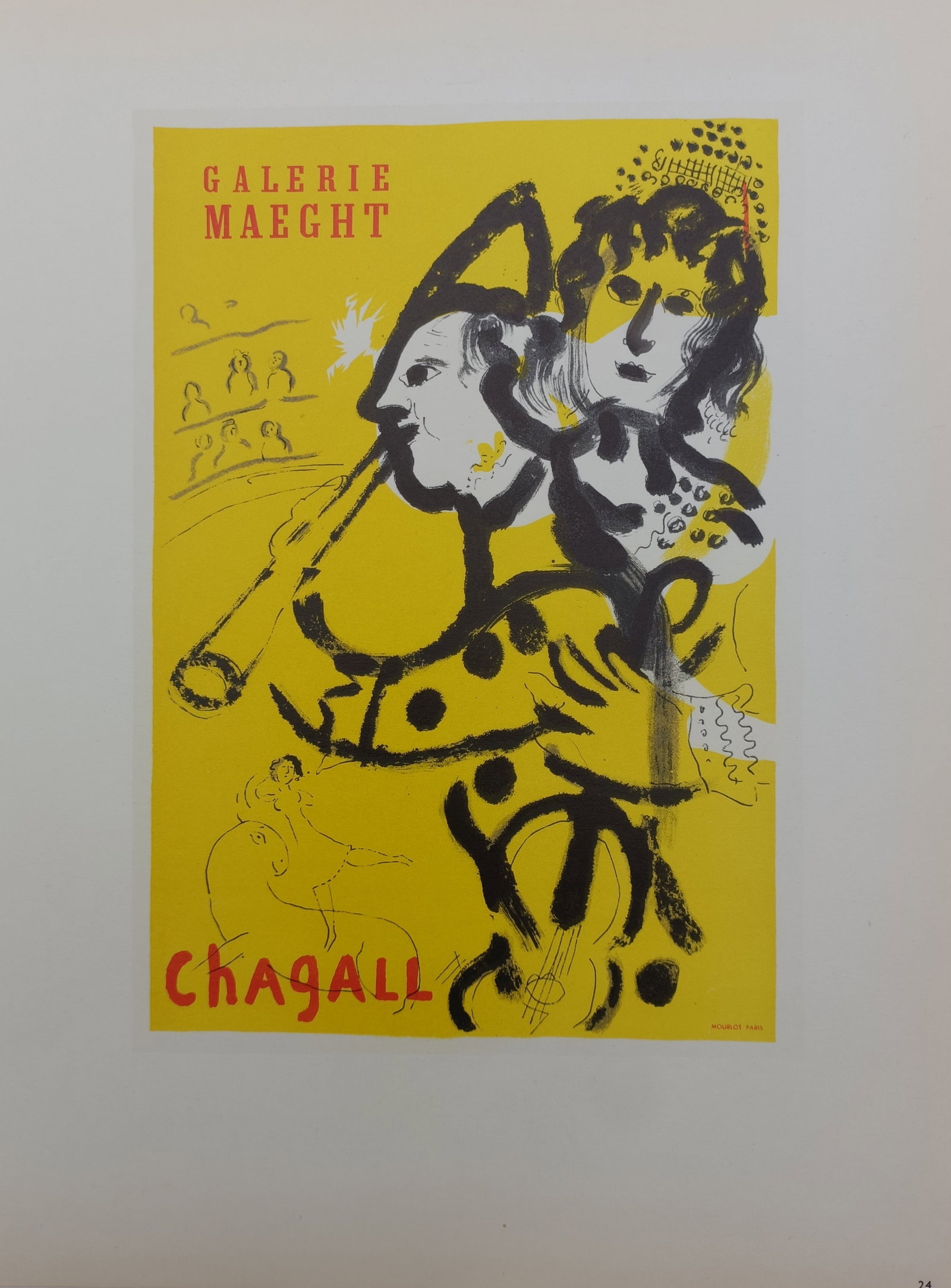Marc Chagall – Galerie Maeght Circus Clown and Musician – Offset print (20th Century): "Galerie Maeght / Chagall" presents a twentieth-century modernist exhibition poster composition illustrating a whimsical circus scene dominated by a clown playing an instrument alongside a lyrical fem