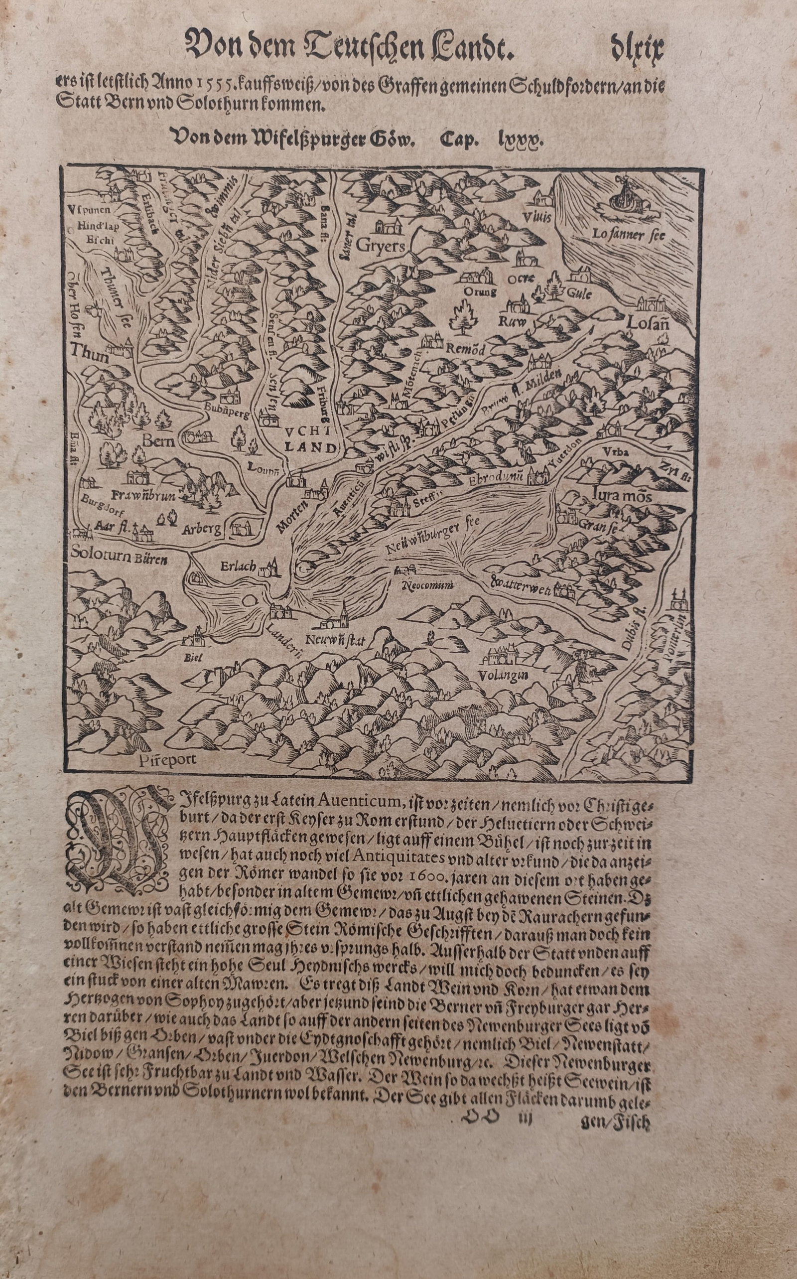 Sebastian Münster – Map of Wiselsburger Gow – Switzerland – Woodcut (16th Century) (1 of 2)
