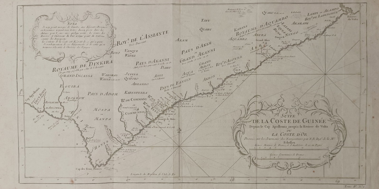 Jacques-Nicolas Bellin – Map of the Gold Coast of Guinea – West Africa – Engraving (18th: "Continuation Of The Coast Of Guinea From Cape Apollonia To The Volta River, Or The Gold Coast" presents an eighteenth-century cartographic survey illustrating the coastline, European trading forts, r