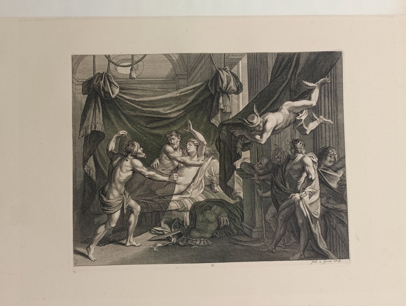 Pieter Stevens van Gunst – Vulcan Ensnaring Mars and Venus in a Net – Engraving (18th Century): "Vulcan Ensnaring Mars and Venus in a Net" depicts a famous mythological tale where a blacksmith god traps two lovers in an invisible metallic mesh. Several onlookers witness the dramatic exposure wit