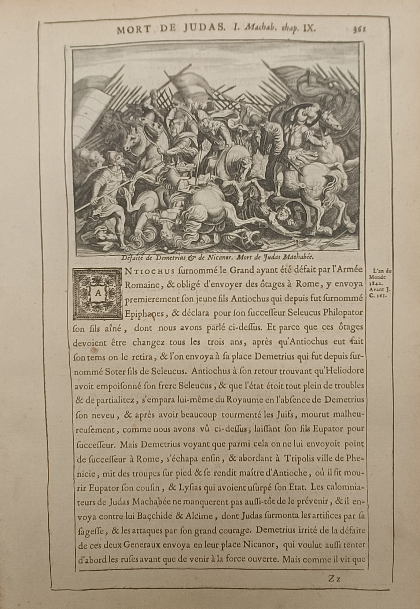 Nicolas Fontaine – Death of Judas Maccabeus – Engraving (17th Century): "Death of Judas Maccabeus" illustrates the dramatic biblical battle scene depicting cavalry and infantry clashing in combat during the Maccabean Revolt. The historical scene accompanies printed script