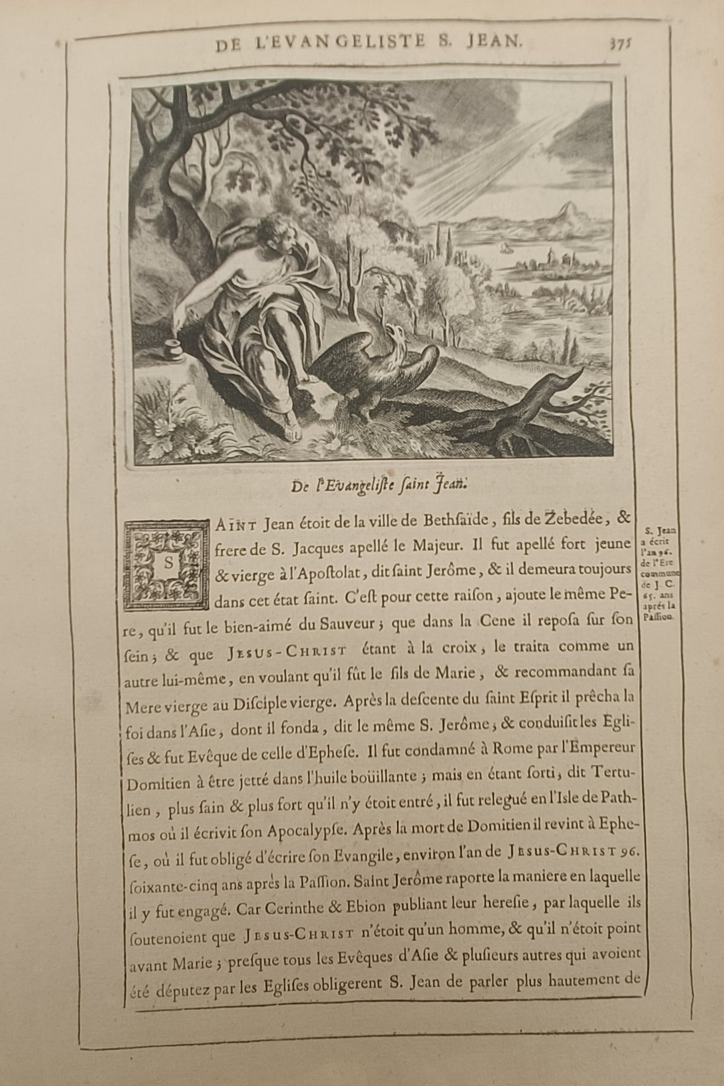 Nicolas Fontaine – Saint John the Evangelist – Engraving (17th Century): "Saint John the Evangelist" presents a classical biblical illustration portraying Saint John seated in a rugged landscape alongside an eagle receiving divine illumination from the heavens. The histori
