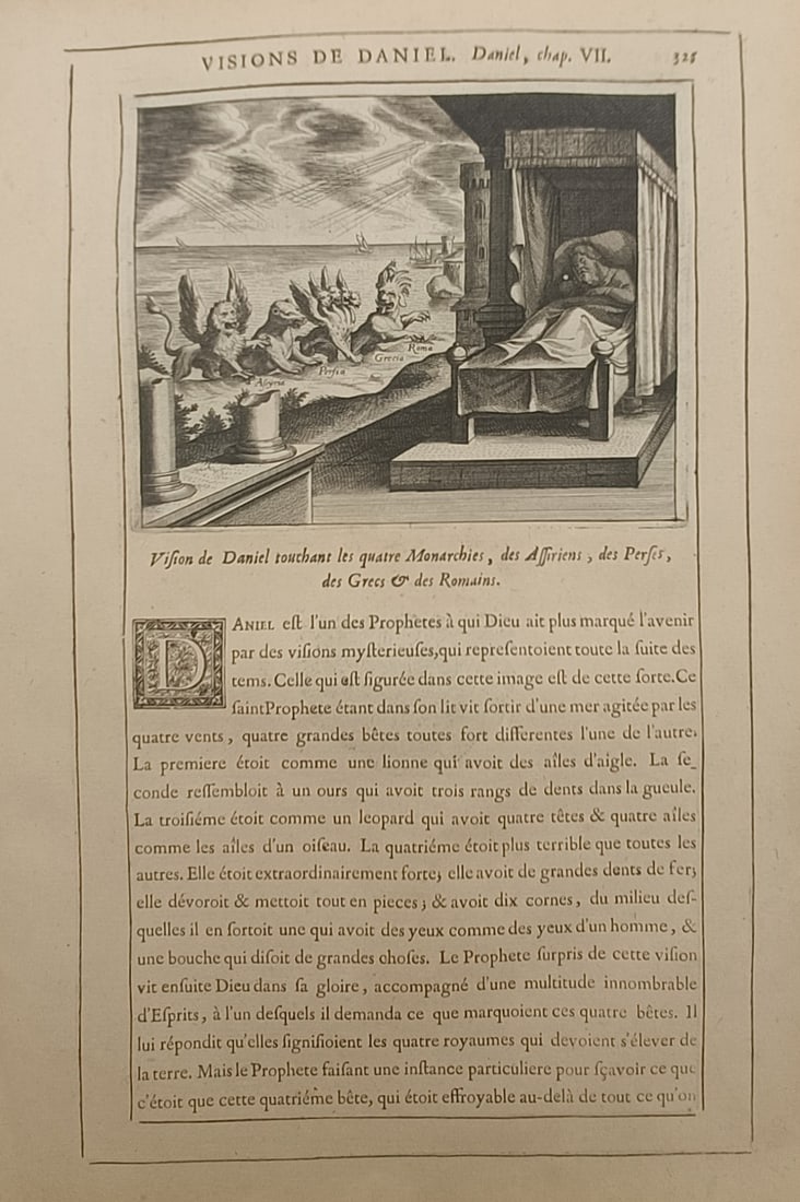 Nicolas Fontaine – Visions of Daniel – Engraving (17th Century): "Visions of Daniel" illustrates the prophetic biblical scene depicting the prophet in bed witnessing the four allegorical beasts emerging from the sea to represent world monarchies. The historical wor