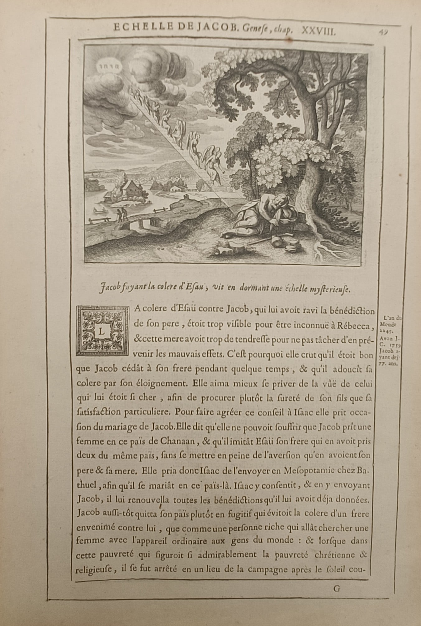 Nicolas Fontaine – Jacob's Ladder – Engraving (17th Century): "Jacob's Ladder" illustrates the well-known Old Testament narrative depicting Jacob asleep in an open landscape while angels ascend and descend a celestial ladder leading to the heavens. The historica