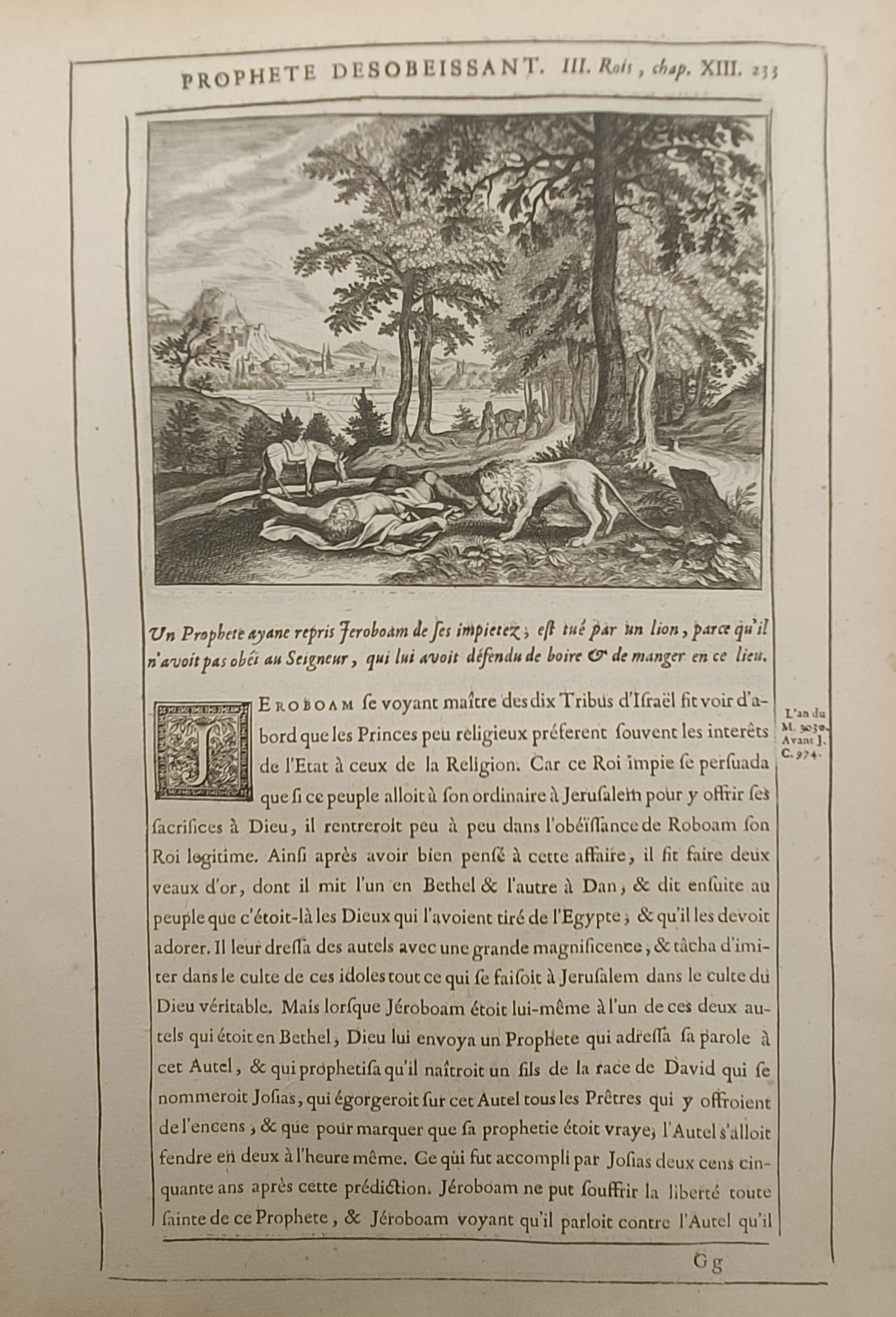 Nicolas Fontaine – The Disobedient Prophet – Engraving (17th Century): "The Disobedient Prophet" illustrates the Old Testament narrative depicting the prophet slain by a lion along a wooded path while a donkey stands nearby. The historical scene accompanies printed Frenc