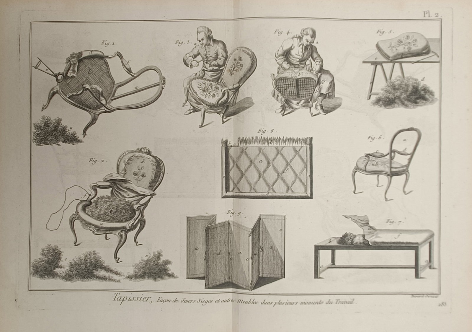 Robert Benard – Upholsterer Methods for Seats and Furniture – Engraving (18th Century) (1 of 2)