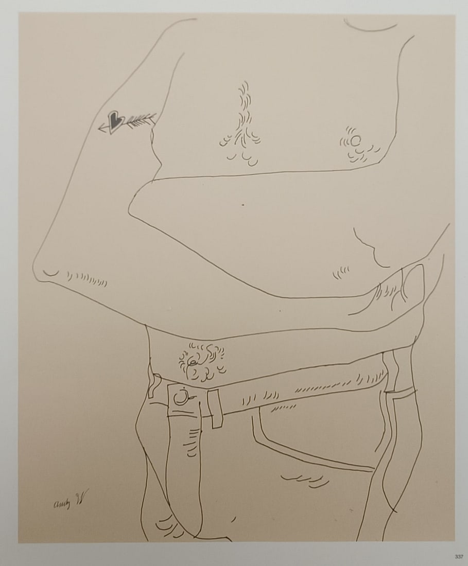 Andy Warhol,after – Male Torso with Heart Tattoo – Offset lithographic reproduction (2006): "Male Torso with Heart Tattoo" features a minimalist figurative line drawing depicting a male torso with crossed arms, jeans, and a heart tattoo on the arm against a solid background. The graphic prin