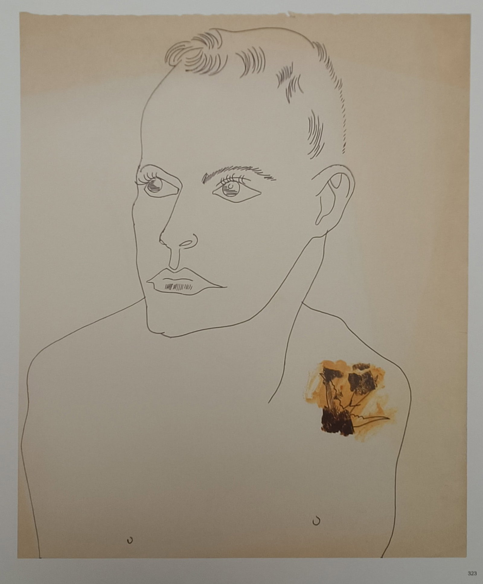 Andy Warhol,after – Male Portrait with Shoulder Accent – Offset lithographic reproduction (2006): "Male Portrait with Shoulder Accent" features a minimalist figurative line drawing depicting a young man in bust view accented with a decorative colored wash on the shoulder. The graphic composition r