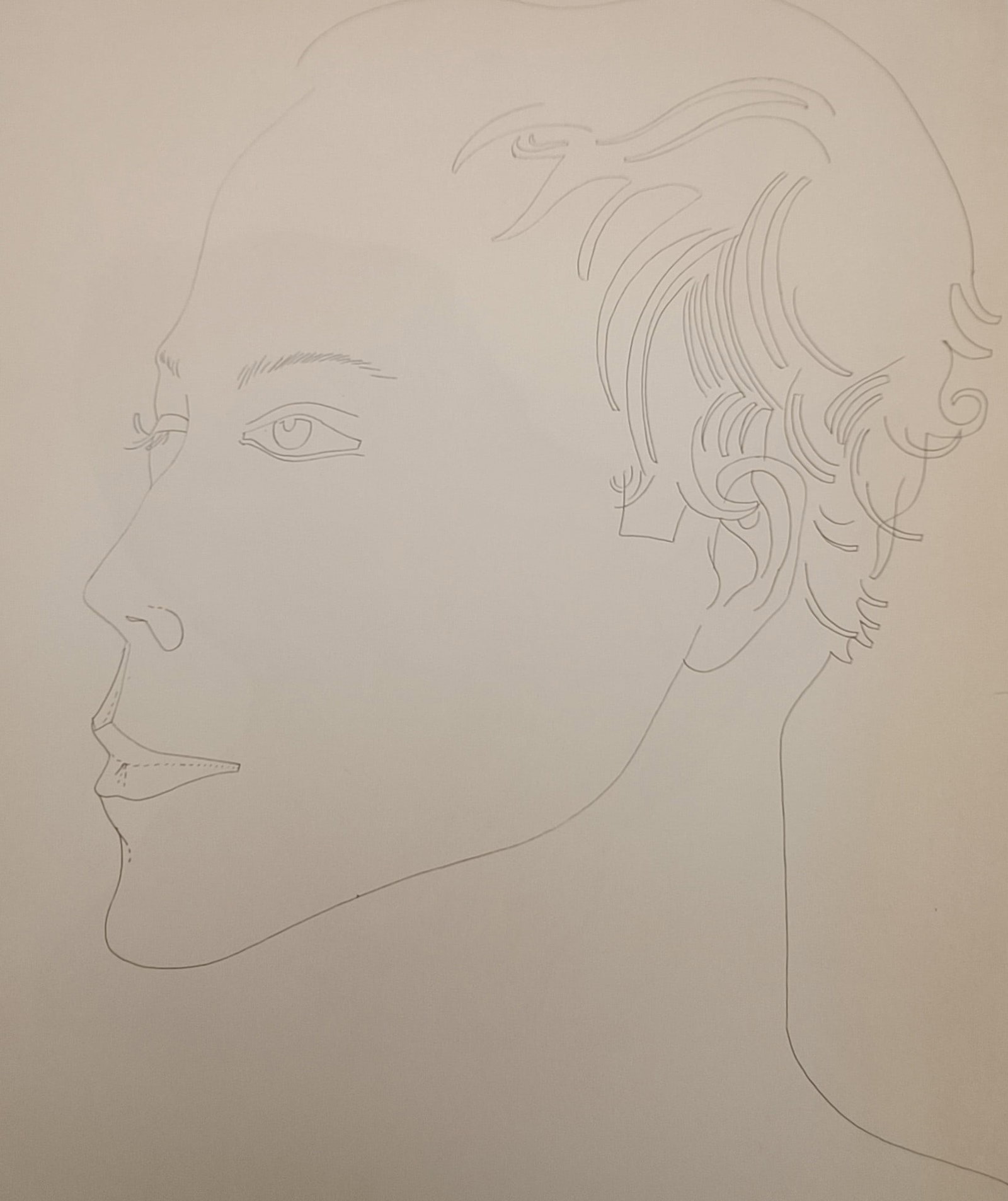 Andy Warhol,after – Male Head in Profile – Offset lithographic reproduction (2006): "Male Head in Profile" presents a delicate minimalist line drawing capturing the graceful profile and stylized curly hair of a young man against a light background. The graphic composition exemplifies