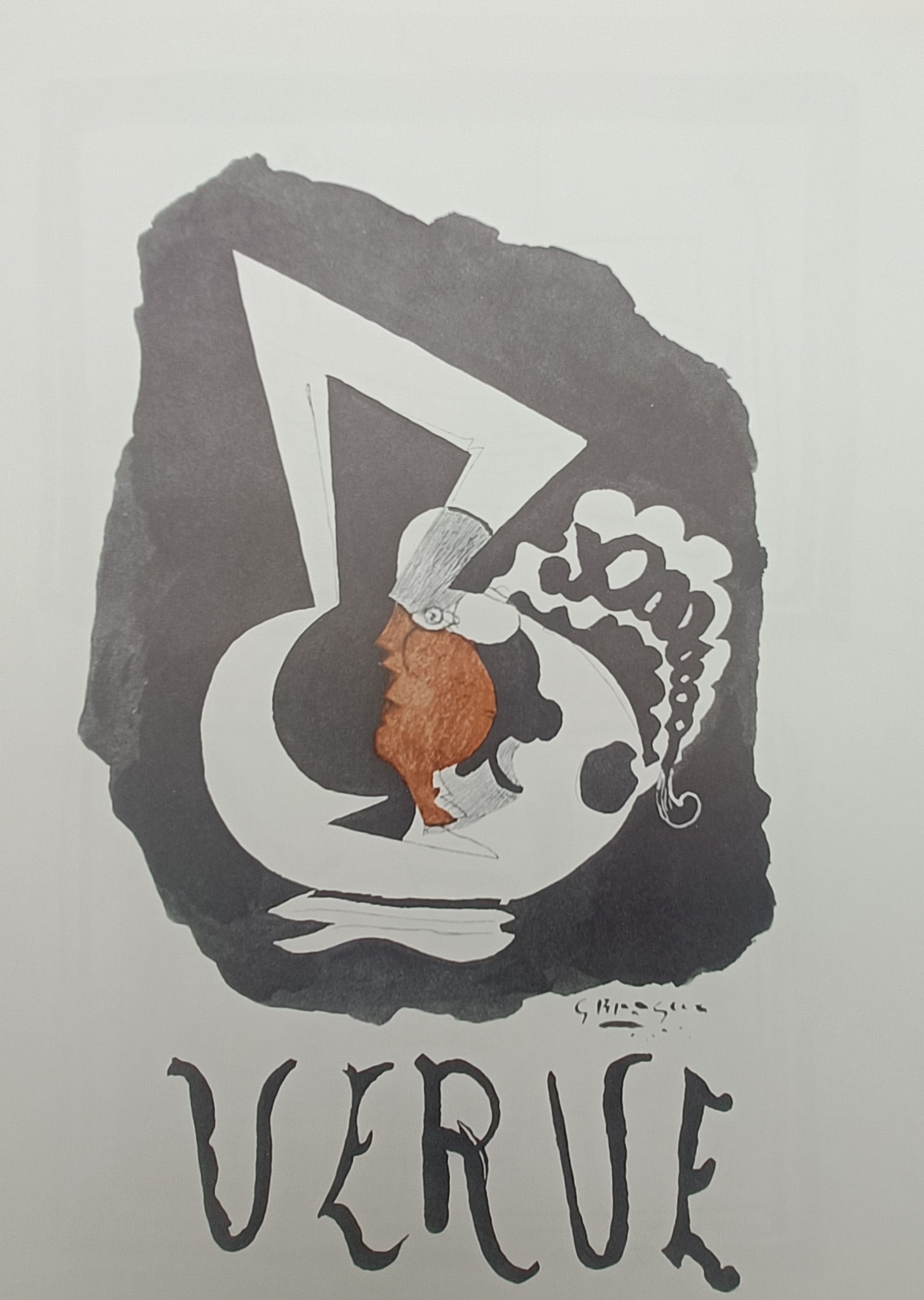 Georges Braque,after – Cover for Verve – Offset Print (20th Century): "Cover for Verve" features a modernist abstract composition showcasing a stylized figurative profile set within geometric and organic forms above the prominent publication title. The graphic work exem