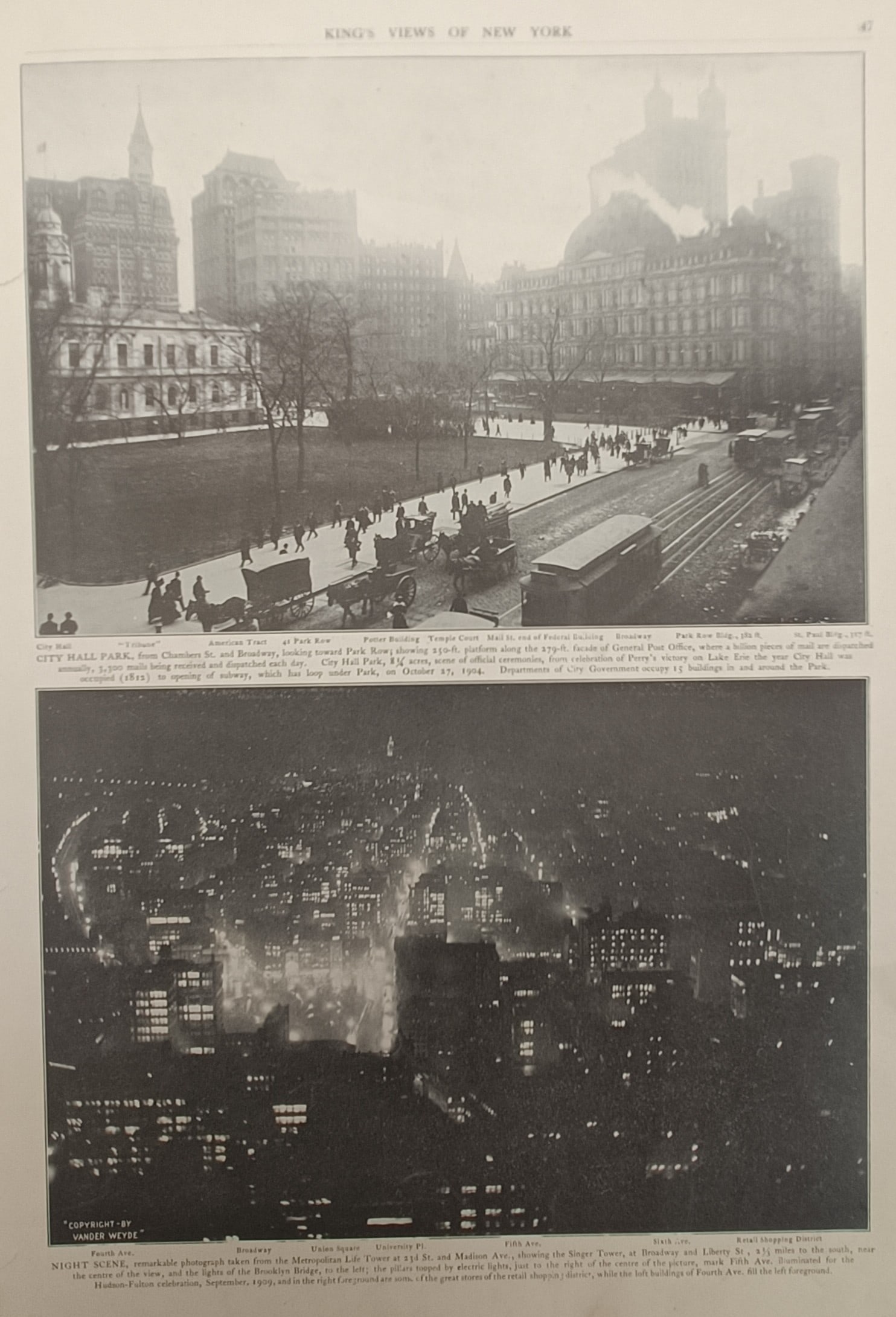 Moses King – Views of City Hall Park and New York Night Scene – Photomechanical Print (1908) (1 of 2)