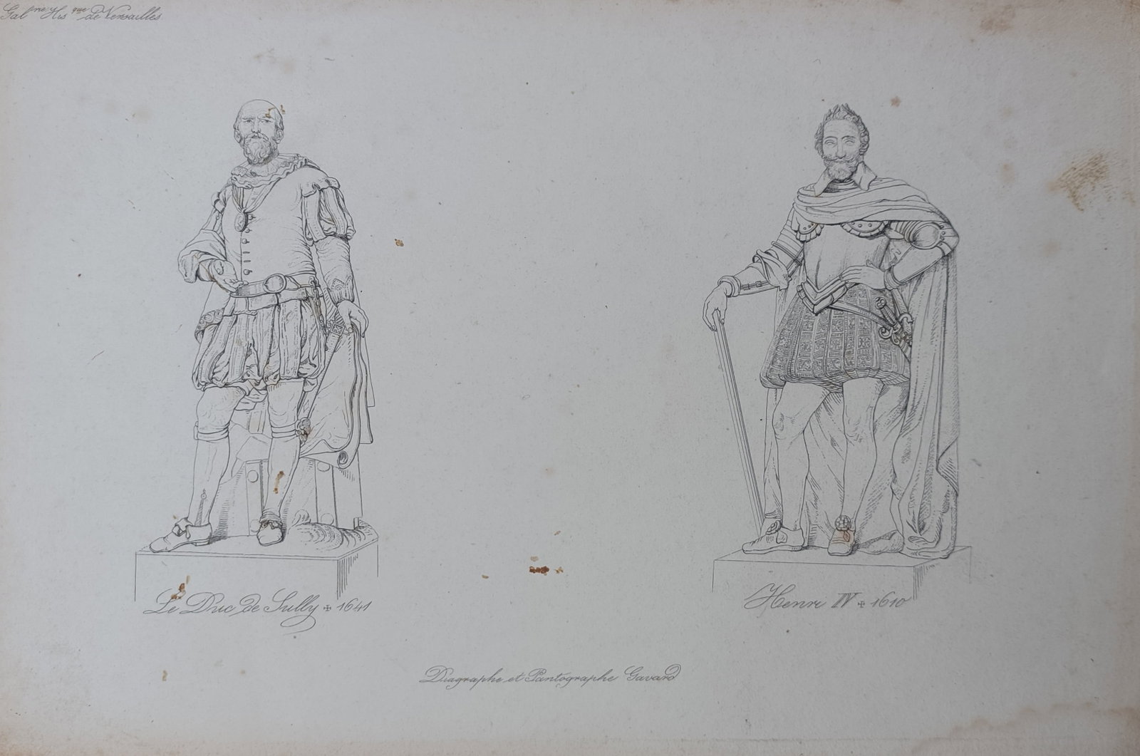 Charles Gavard – Duke of Sully and Henry IV – Engraving (19th Century): "Duke of Sully and Henry IV" presents a classical sculptural study depicting the statues of the French monarch and his chief minister from the Palace of Versailles during the nineteenth century. The h