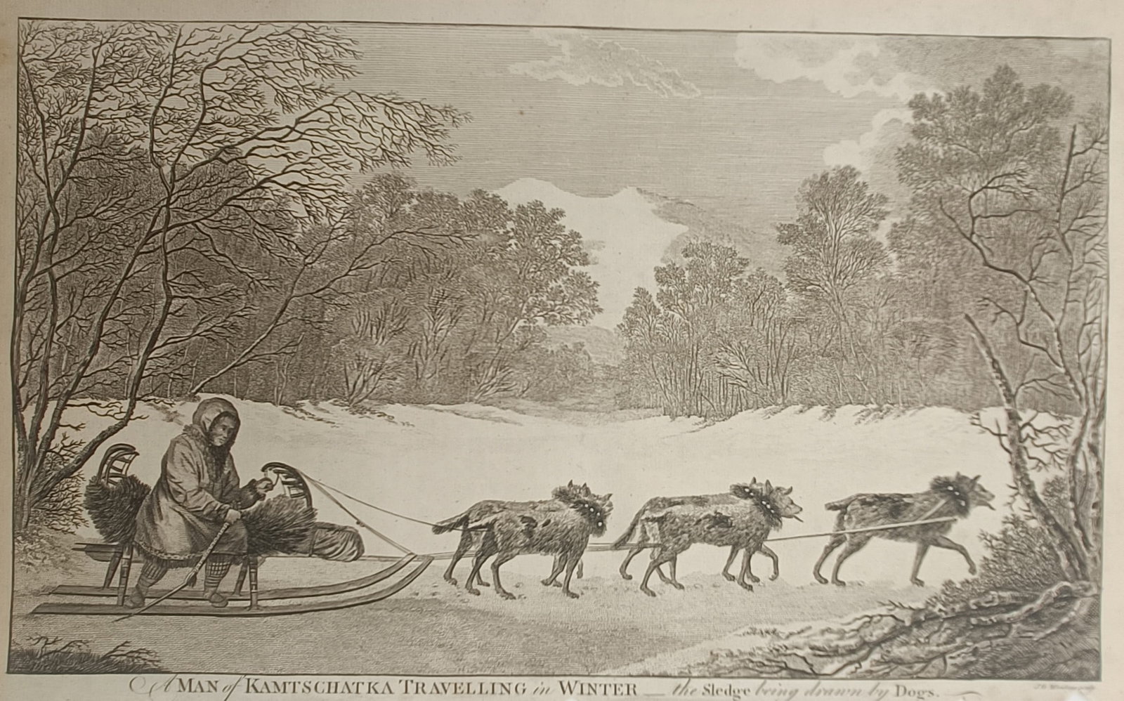 Alexander Hogg – A Man of Kamtschatka Travelling in Winter – Engraving (1784): "A Man of Kamtschatka Travelling in Winter" presents an ethnographic narrative study illustrating an indigenous traveler navigating a snowy wilderness on a dog-drawn sledge in 1784. The historical com