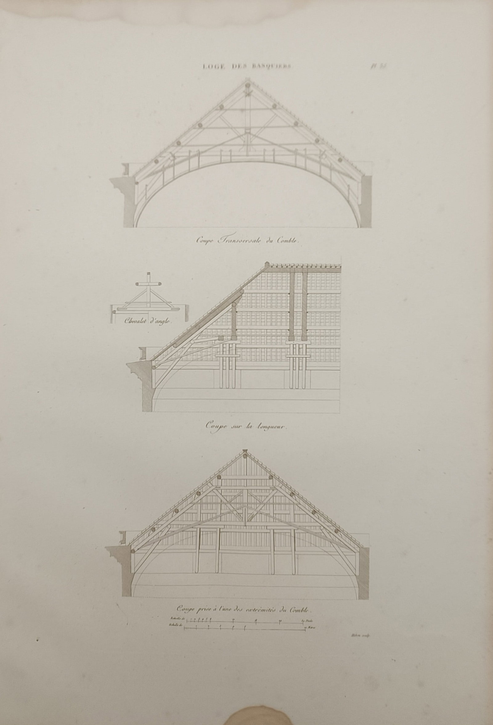 Martin-Pierre Gauthier – Structural Roof Framework of the Loggia dei Banchieri – Engraving: "Loge des Banquiers – Charpente" presents an architectural engineering study illustrating the timber roof carpentry and vaulted truss systems of the Loggia dei Banchieri in Genoa during the nineteen