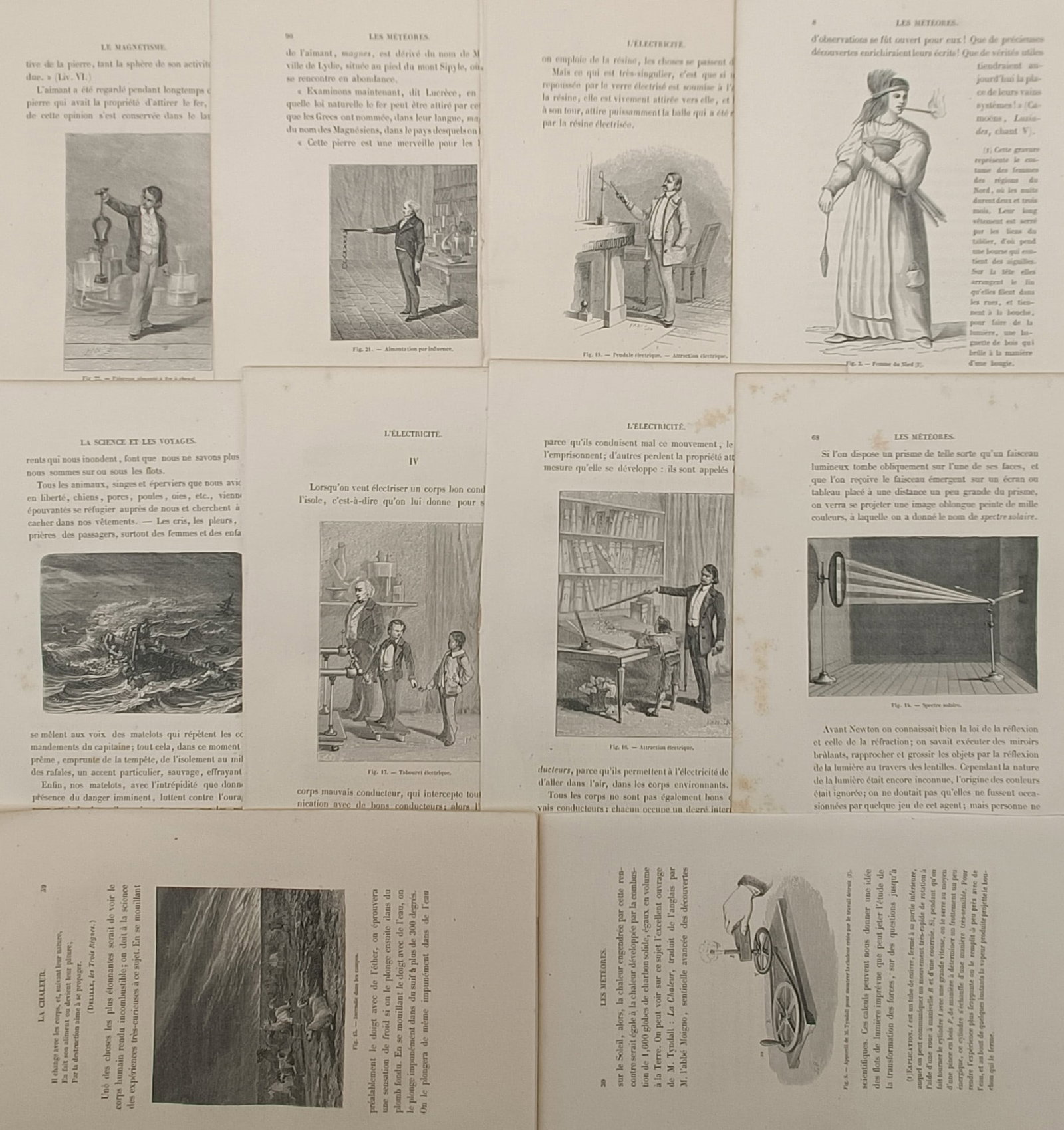 Jean-Pierre Rambosson – Set of 10: Scientific Experiments, Meteorology, and Phenomena: "Meteors and Natural Phenomena" presents a set of ten illustrated French scientific book leaves demonstrating laboratory experiments in magnetism, electricity, optics, and dramatic natural occurrences