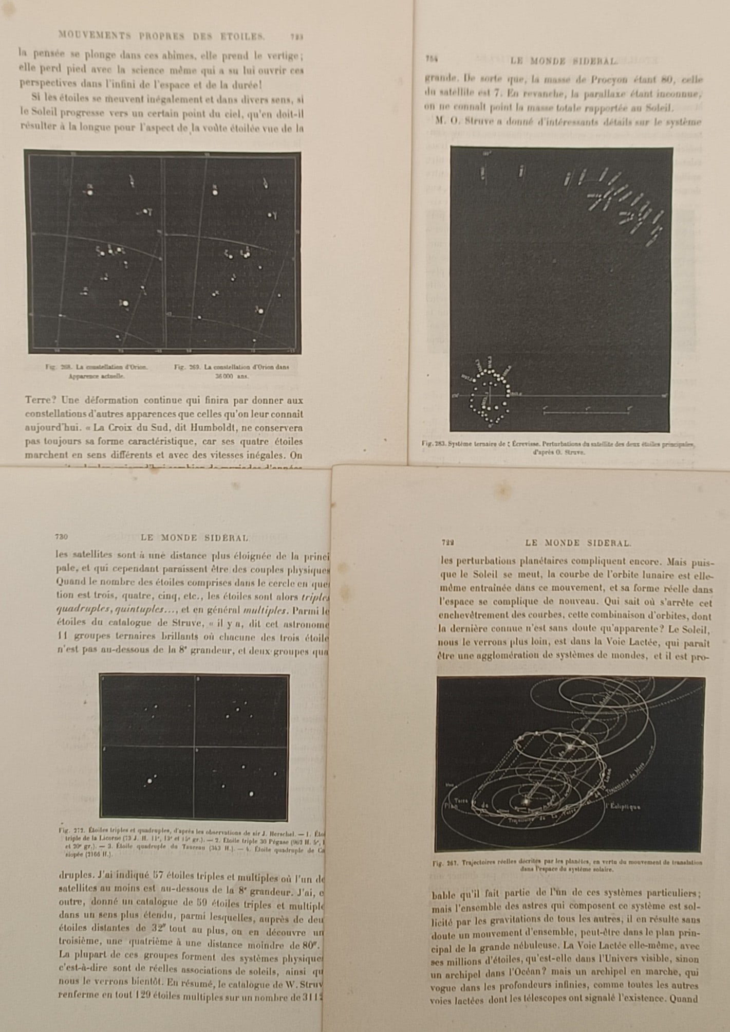 Jean-Pierre Rambosson – Set of 4: Stellar Motions, Binary Systems, and Planetary Orbits: "Proper Motions of Stars and the Sidereal World" presents a set of four illustrated French astronomical book leaves depicting celestial mechanics, including proper star motions across constellations, 