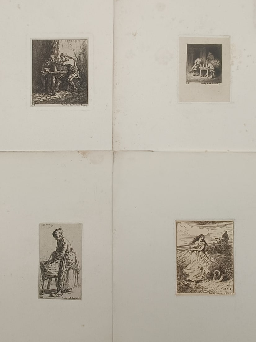 Louis Adolphe Hervier – Set of 4: Rustic Figures, Tavern Scenes, and Peasant Life – Etchings (1 of 2)