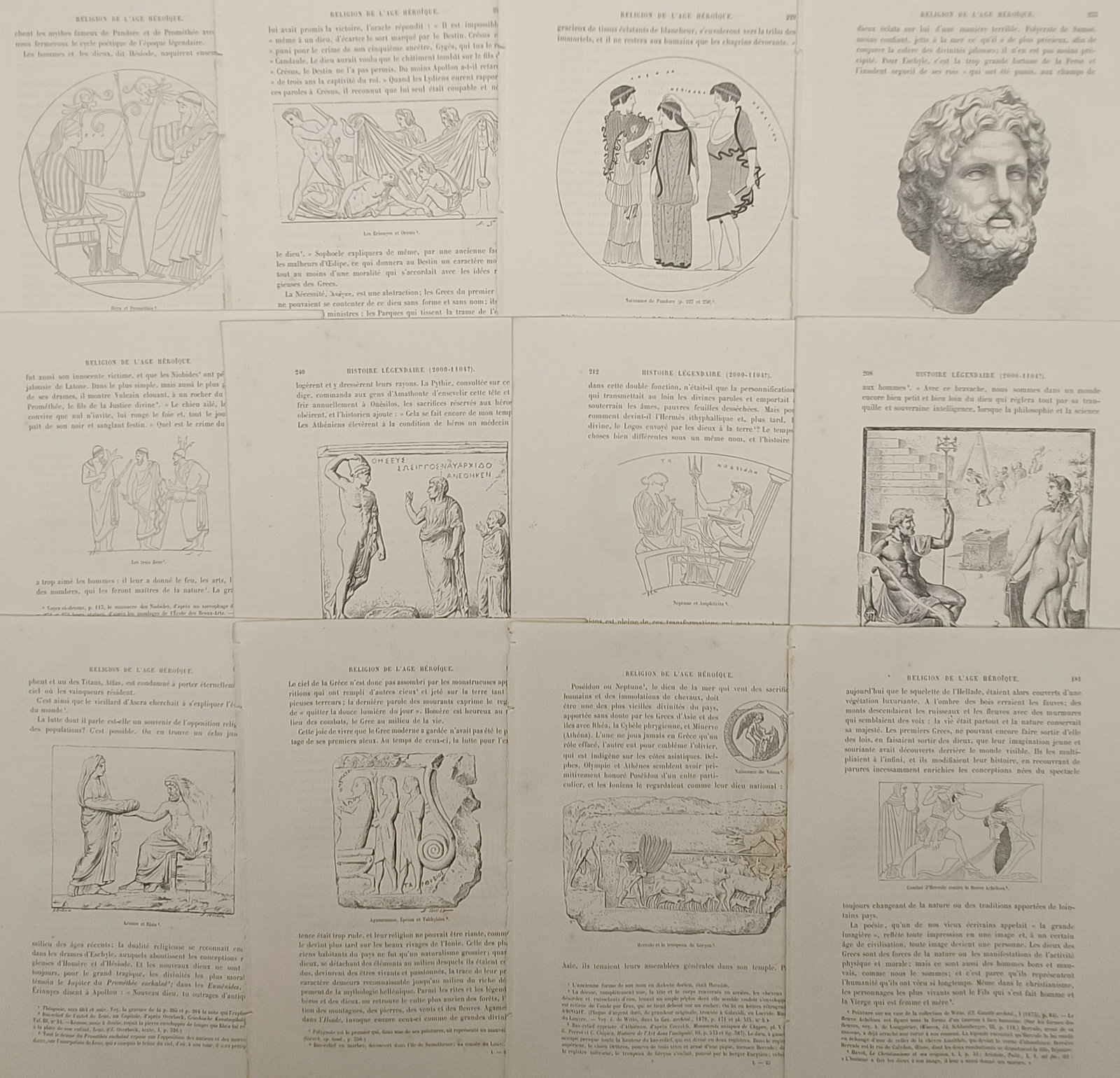 Victor Duruy – Set of 12: Classical Greek Antiquities, Mythology, and Sculpture – Engravings: "History of the Greeks" presents a set of twelve illustrated French historical book leaves illustrating classical Greek mythology, ancient vase paintings, relief friezes, and sculptural portraits. The