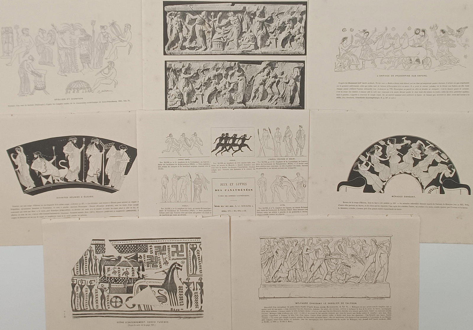 Victor Duruy – Set of 8: Ancient Greek Vases, Friezes, and Mythological Scenes – Engravings: "History of the Greeks" presents a set of eight illustrated French historical book leaves depicting ancient Greek archaeological artifacts, geometric pottery motifs, Panathenaic athletic games, dancin