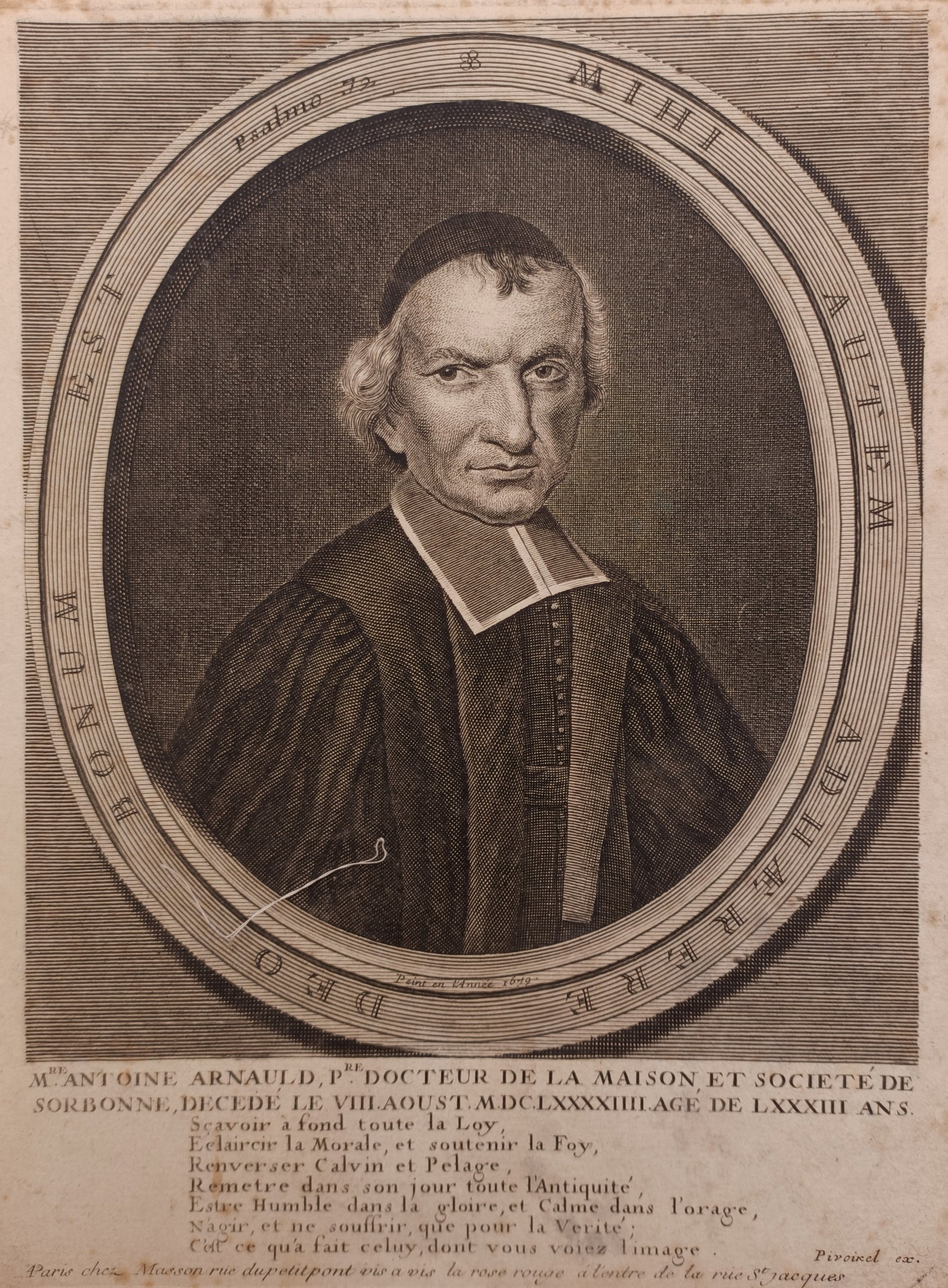 Philippe de Champaigne – Portrait of Antoine Arnauld – Engraving (17th Century): "Antoine Arnauld, Priest and Doctor of the Sorbonne" presents a seventeenth-century portrait engraving depicting the prominent French Jansenist theologian and philosopher framed within an oval Latin m