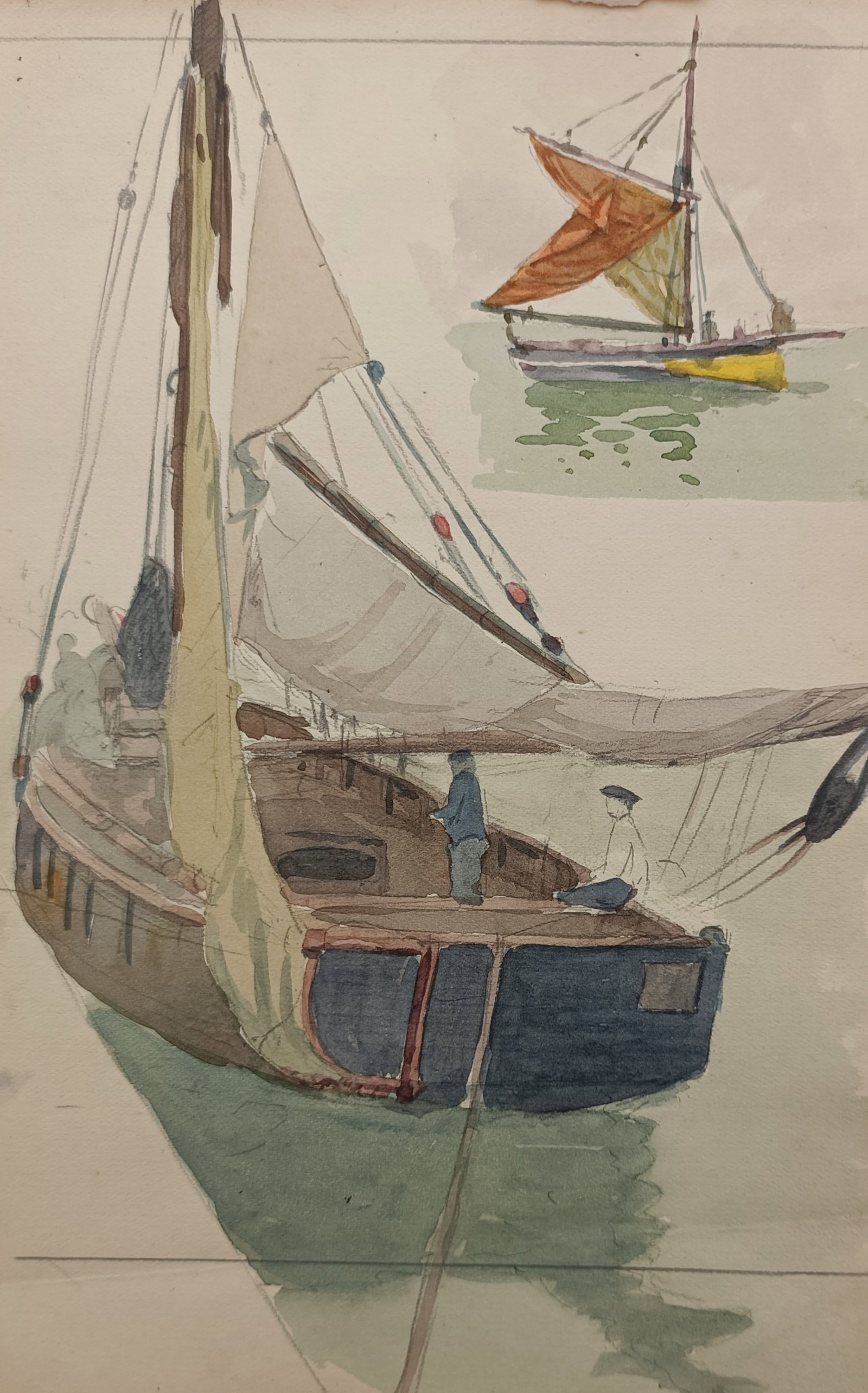 Louis Adolphe Hervier – Fishing Boats and Coastal Vessels – Etching (19th Century): "Studies of Fishing Boats" presents a maritime study depicting traditional wooden sailing vessels moored on calm coastal waters with figures aboard. The expressive composition captures nautical riggin
