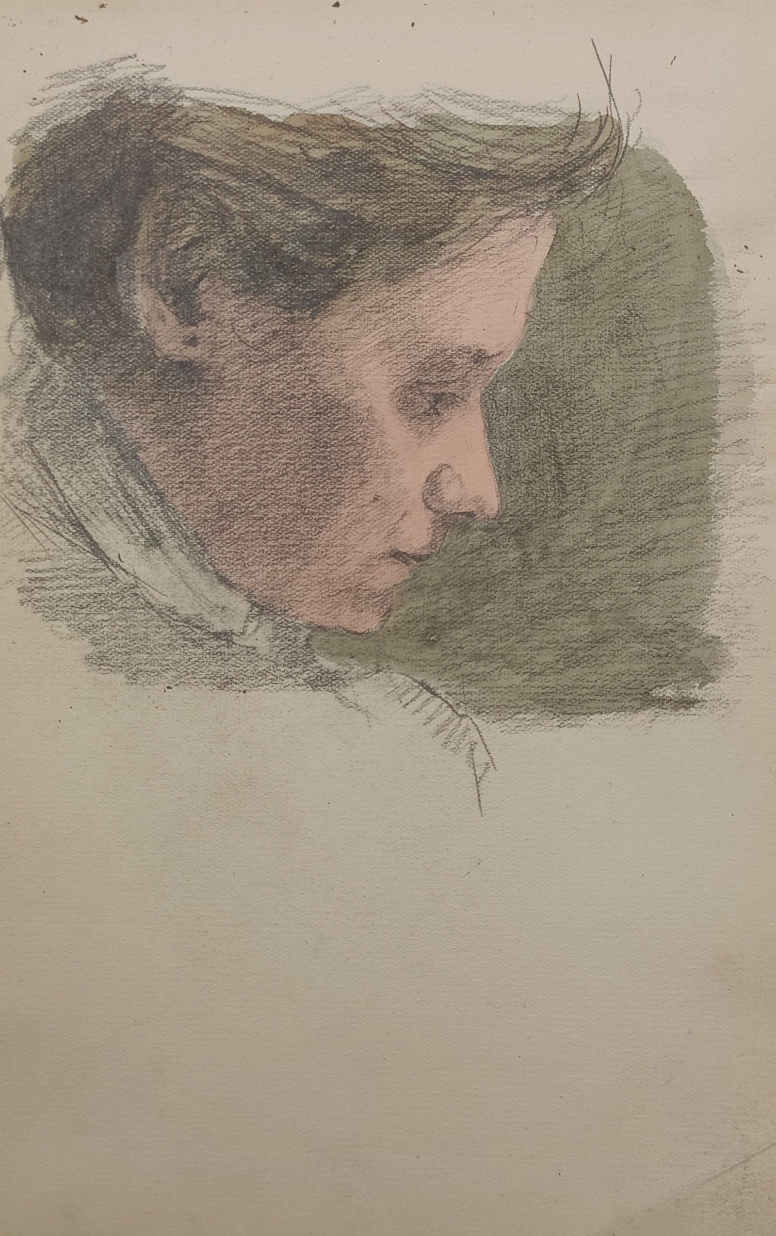 Louis Adolphe Hervier – Profile Portrait Study of a Young Woman – Lithograph (19th Century): "Head of a Young Woman in Profile" presents an intimate portrait study depicting the contemplative profile of a young woman rendered in soft tonal hatching with delicate flesh tones. The subtle compos