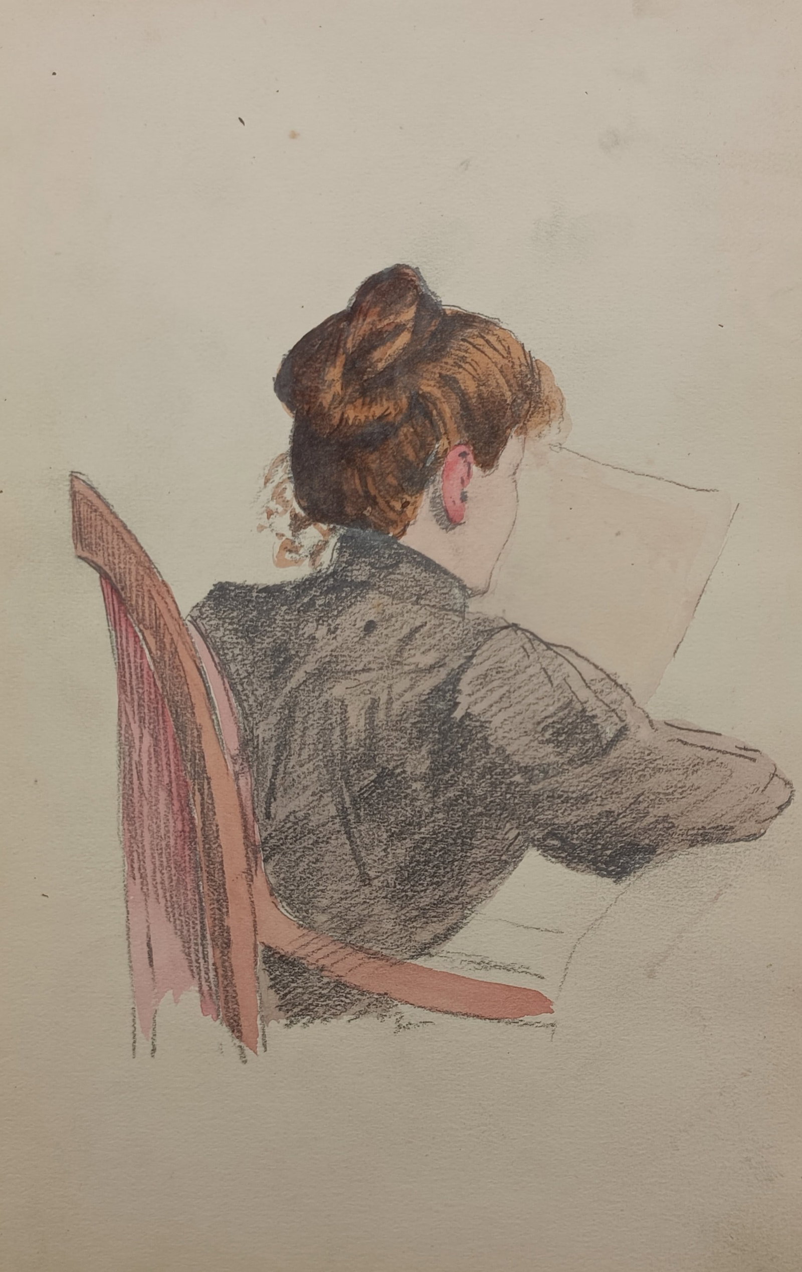 Louis Adolphe Hervier – Seated Woman Reading – Lithograph (19th Century): "Seated Woman Reading" presents a delicate figural study depicting a young woman with an elegant updo seated in an armchair absorbed in reading. The composition captures intimate domestic quietude thr