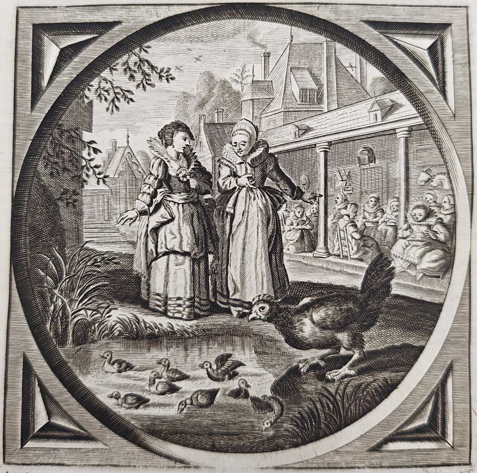 Jacob Cats – Emblem of Motherhood – Engraving (17th Century): "Mother" presents an emblematic moral scene depicting maternal instruction alongside figures observing waterfowl near a country homestead. The composition explores themes of parental guidance, nature,