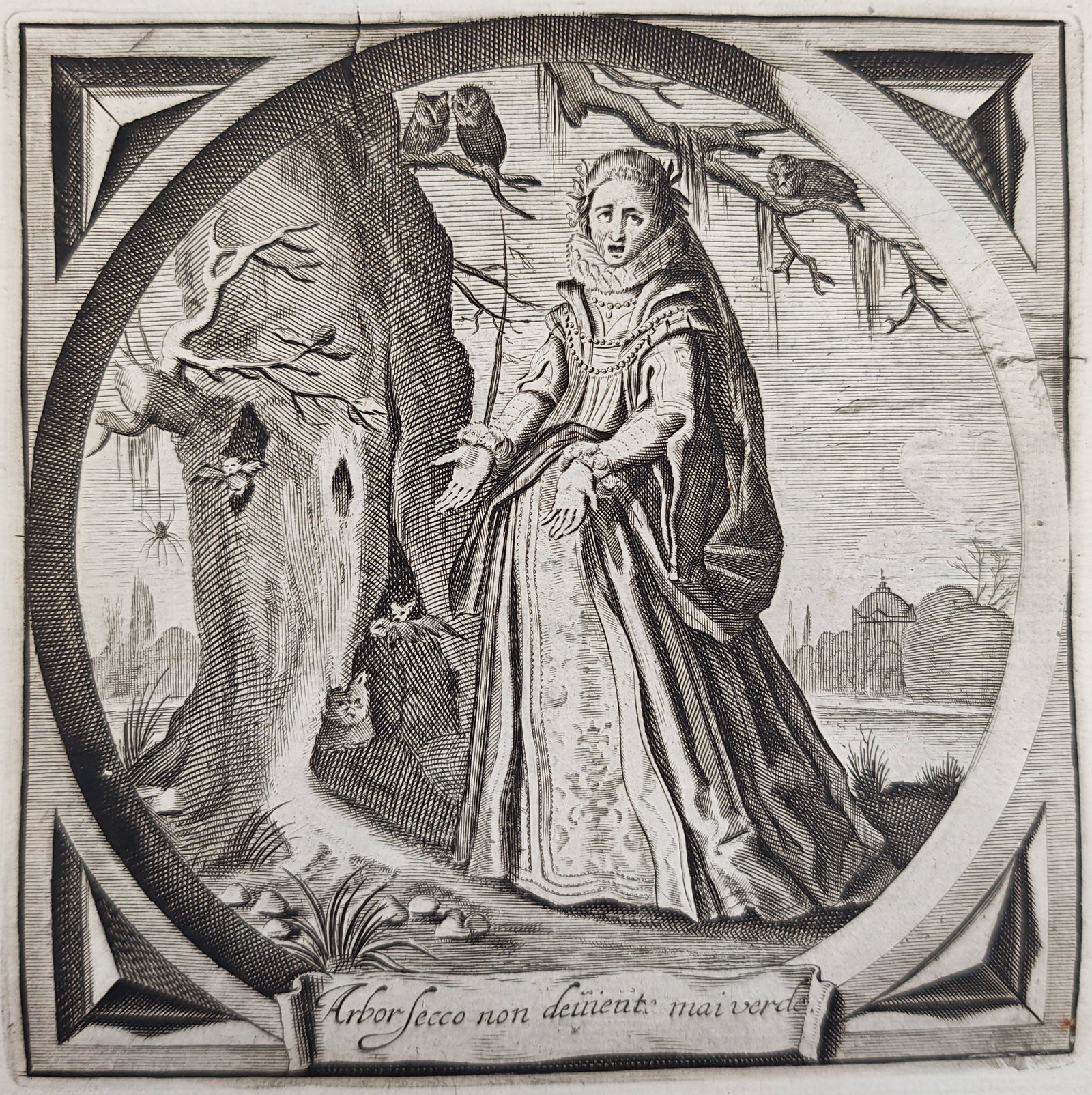 Jacob Cats – Emblem of the Aging Spinster – Engraving (17th Century): "Aging Spinster" depicts an allegorical scene featuring an elderly woman standing before a withered tree inhabited by owls, bats, and spiders. The emblematic composition reflects traditional moralizin