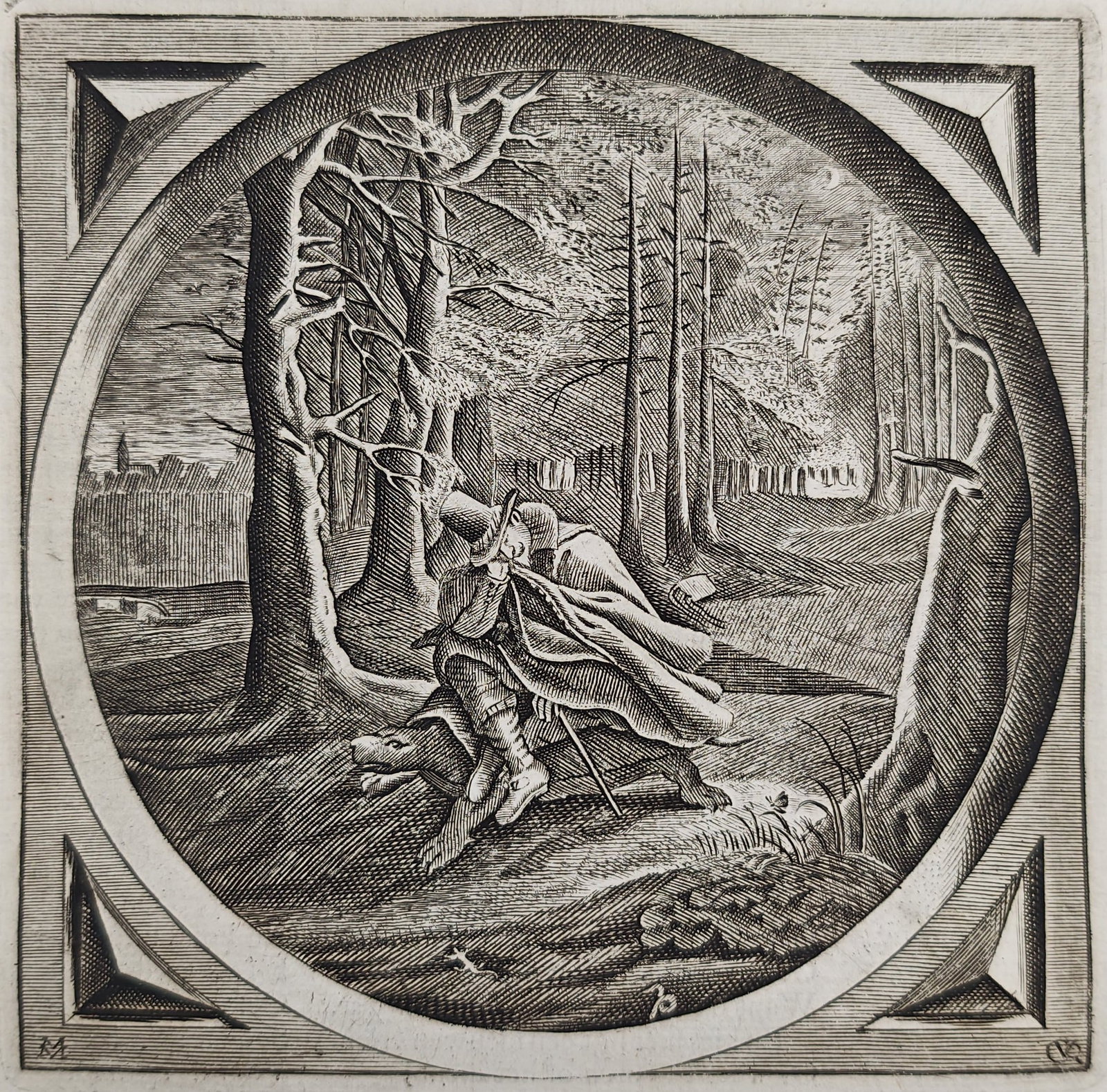 Jacob Cats – Emblem of the Traveler and the Tortoise – Engraving (17th Century): "Travel Lesson" presents an emblematic scene depicting a cloaked traveler slumbering atop a giant tortoise within a dense wooded forest. The composition serves as a moral allegory representing time sl