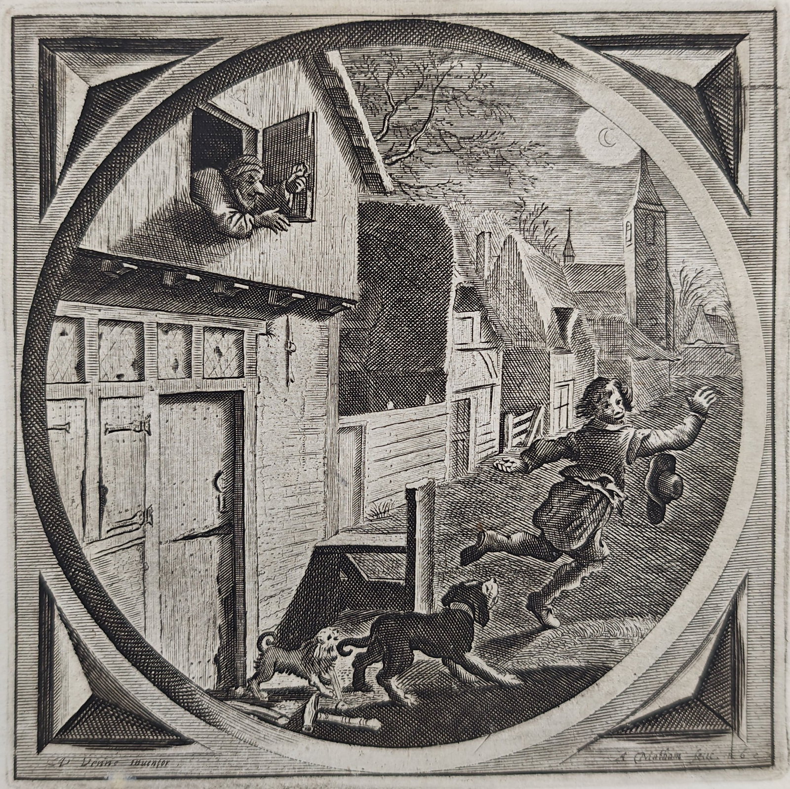 Jacob Cats – Emblem of the Old Dog Barking at a Thief – Engraving (17th Century): "When Old Dogs Bark, One Ought to Pay Heed" depicts a nocturnal moral scene where barking guard dogs pursue a fleeing thief past village houses under the moonlight while a resident watches from an ope