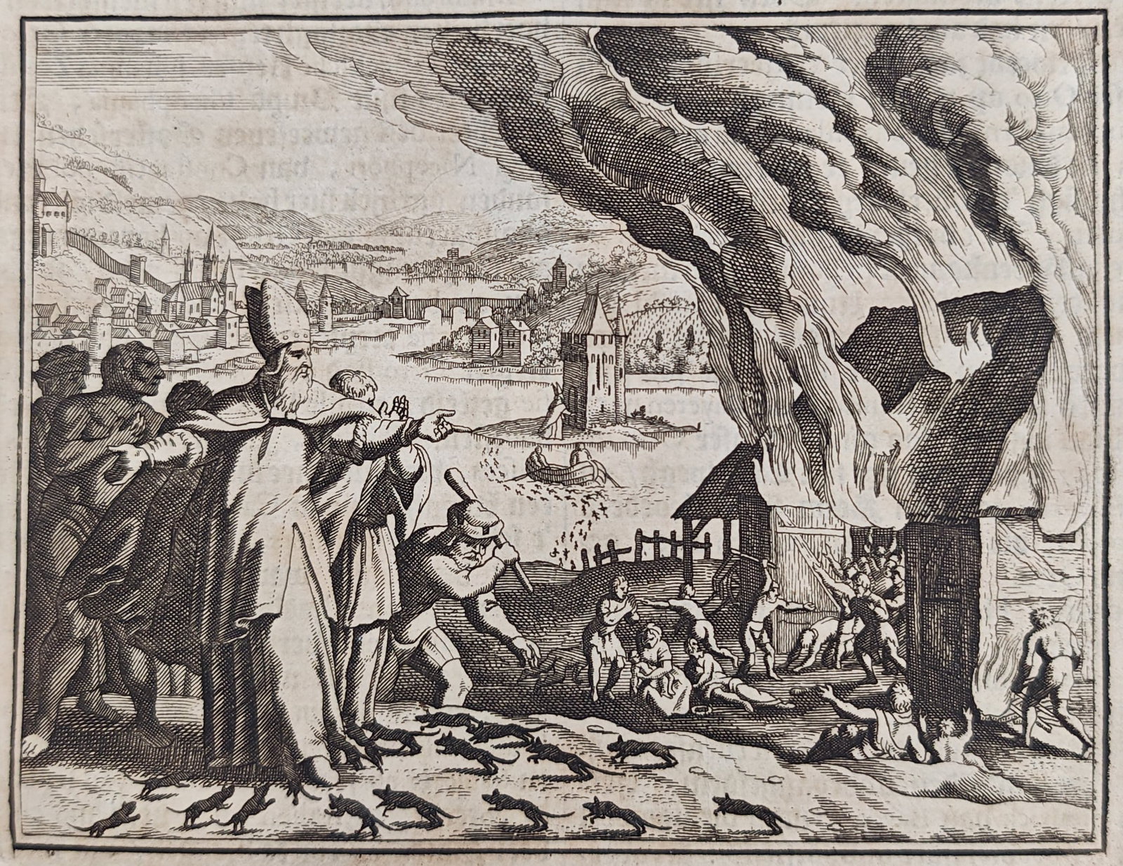 Johann Ludwig Gottfried – Legend of Archbishop Hatto and the Mouse Tower – Engraving: "Fifth Book" portrays the dramatic historical legend of Archbishop Hatto of Mainz ordering a barn filled with poor citizens to be burned during a famine while mice swarm toward him before a river land