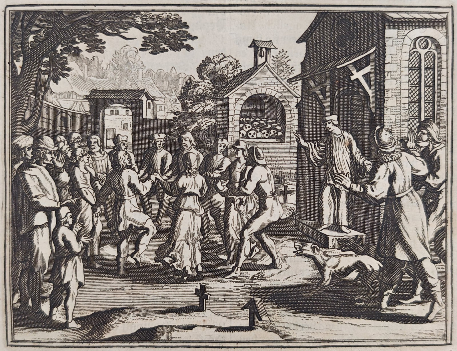 Johann Ludwig Gottfried – Legend of the Cursed Dancers of Kölbigk – Engraving (17th Century) (1 of 3)