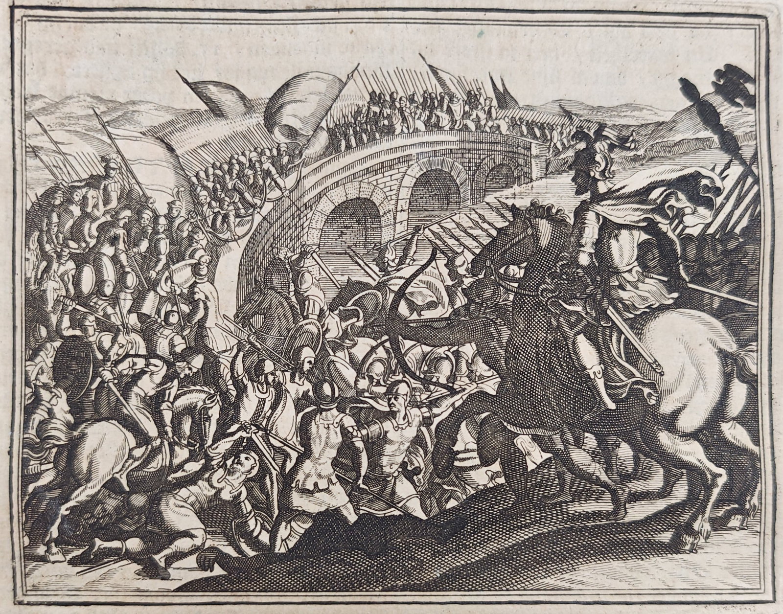 Johann Ludwig Gottfried – Battle of Emperor Trajan in the Dacian Wars – Engraving (17th Century): "Meanwhile Decebalus Began to Stir Again" portrays an intense classical battle scene showing mounted Roman commanders and legions clashing with opposing forces before a stone bridge spanning the Danub