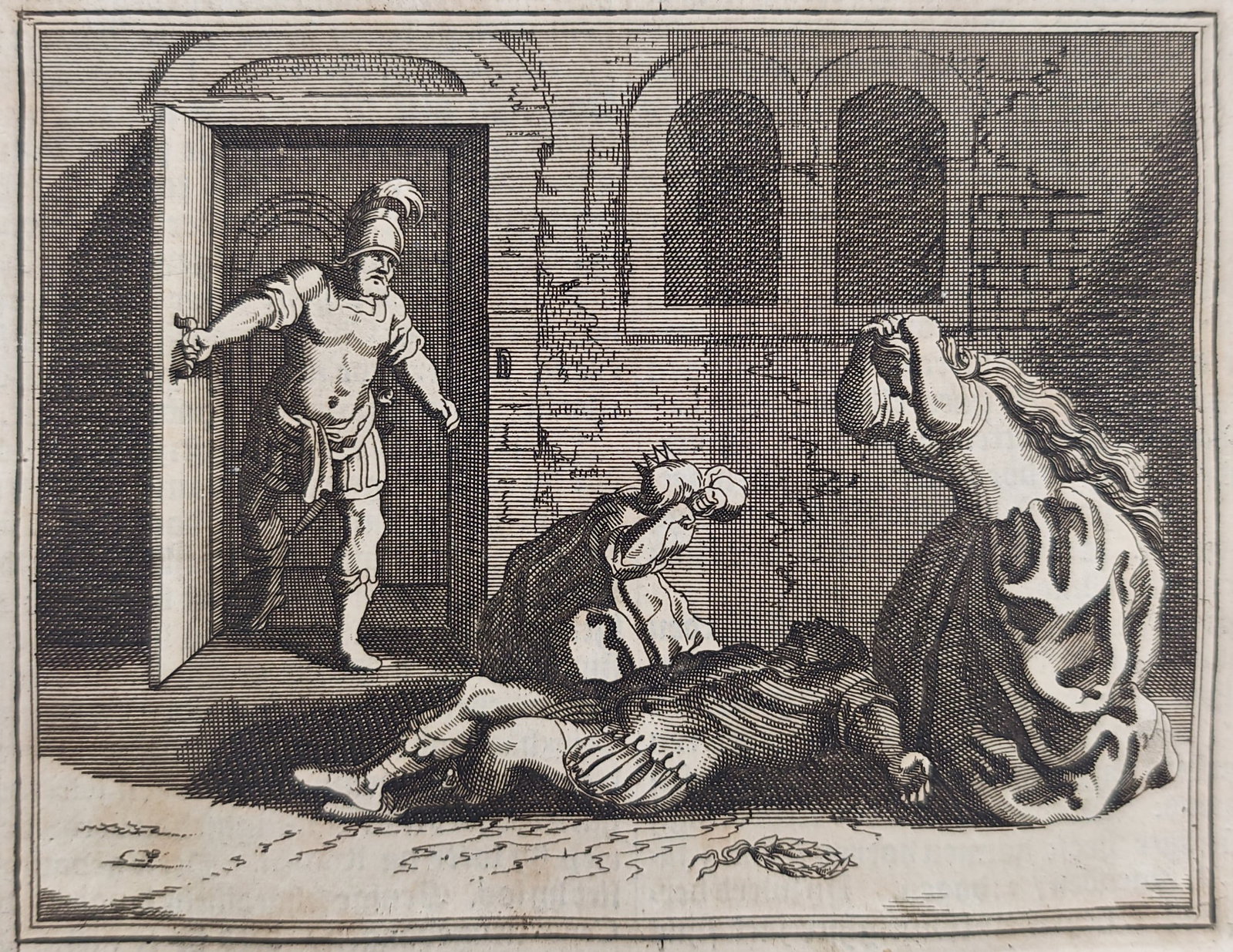 Johann Ludwig Gottfried – Assassination of Emperor Caligula – Engraving (17th Century): "The Assassination of Caligula" portrays the dramatic historical scene of the fallen Roman emperor lying in a palace corridor while grieving figures mourn beside his body as an armed conspirator emerg