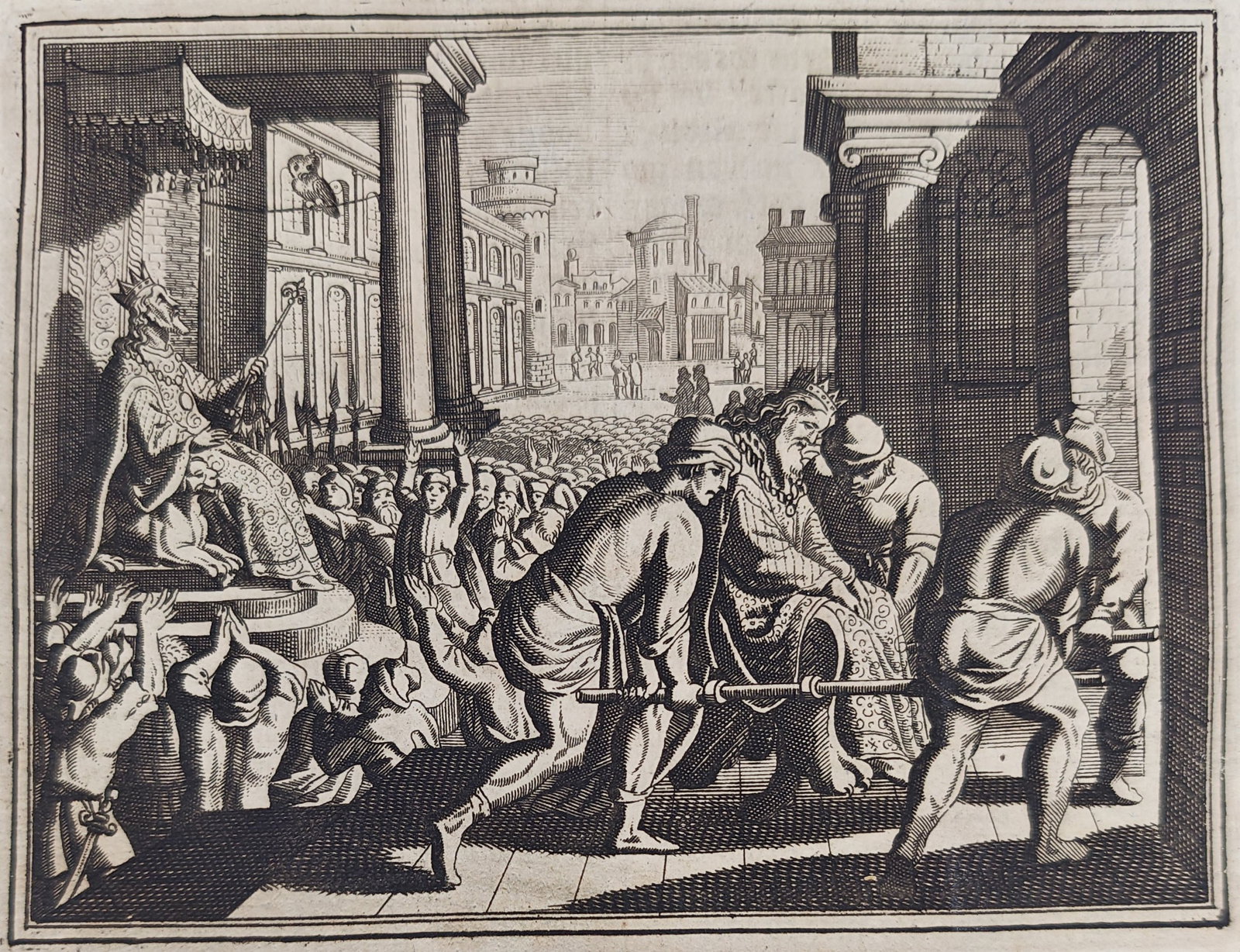 Johann Ludwig Gottfried – The Omen and Death of King Herod Agrippa – Engraving (17th Century): "The Sudden Affliction of King Agrippa" portrays the biblical and historical account of King Herod Agrippa falling ill after addressing the praising multitude, confronted by the fateful omen of an owl