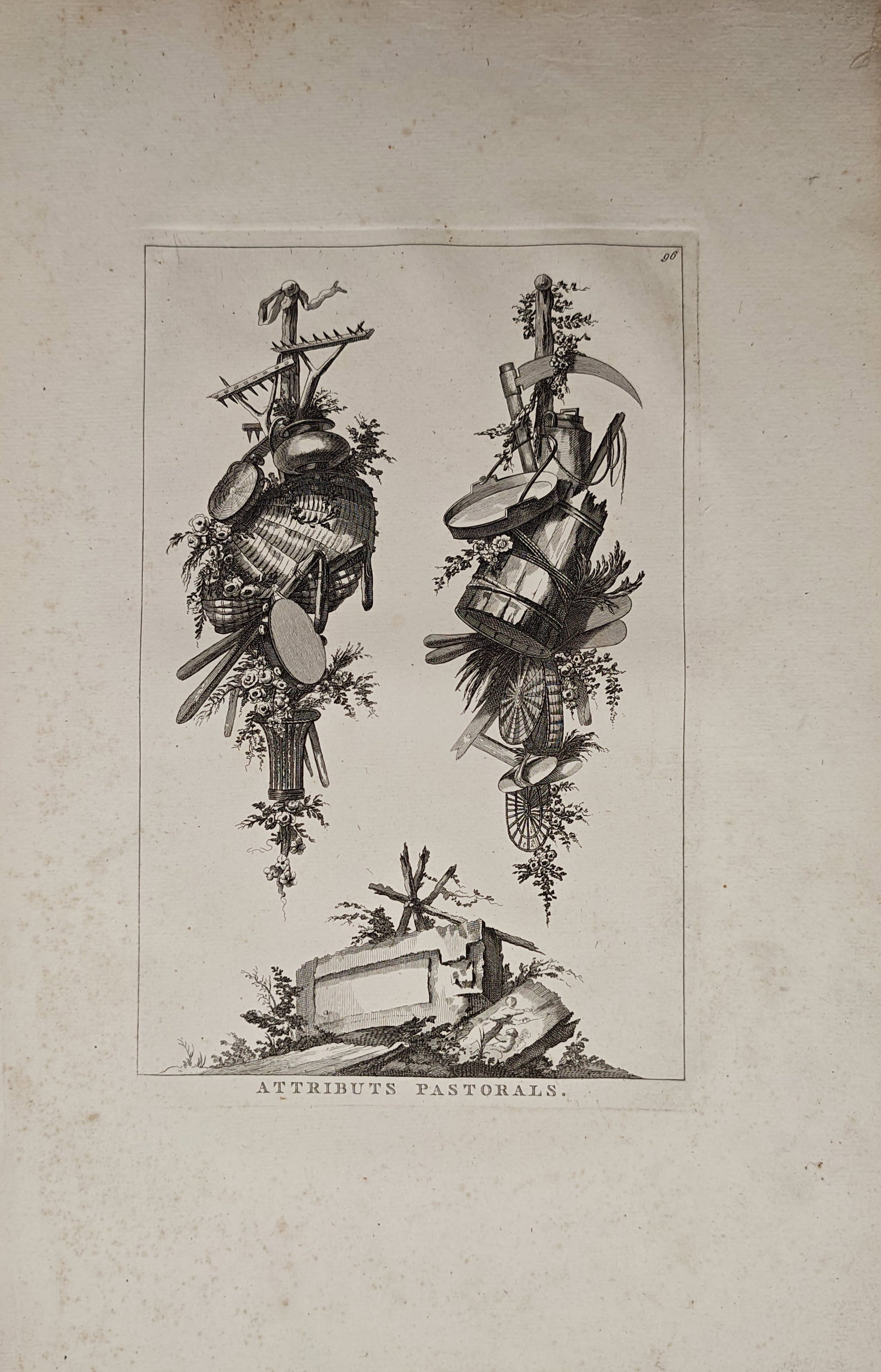 Jean-Charles Delafosse – Pastoral Attributes – Engraving (18th Century): "Pastoral Attributes" presents an ornamental design featuring hanging decorative trophies composed of agricultural implements, scythes, baskets, and floral garlands set above an architectural cartouch