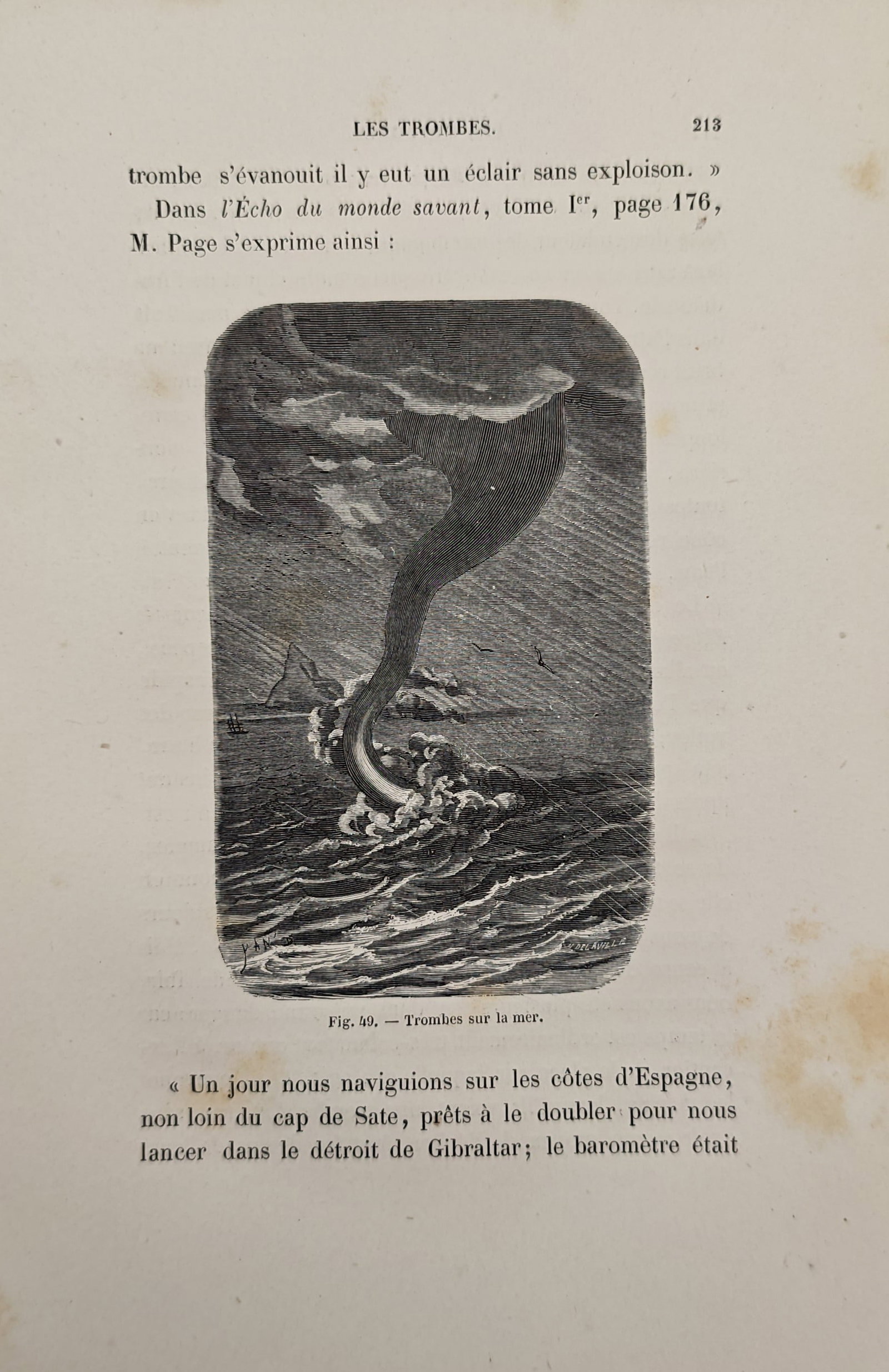Frédéric Zurcher and Élie Margollé – Waterspouts at Sea – Engraving (19th Century): "The Waterspouts" illustrates a powerful columnar vortex descending from turbulent storm clouds to churn the surface of an open sea. The scientific meteorological study reflects nineteenth-century pop