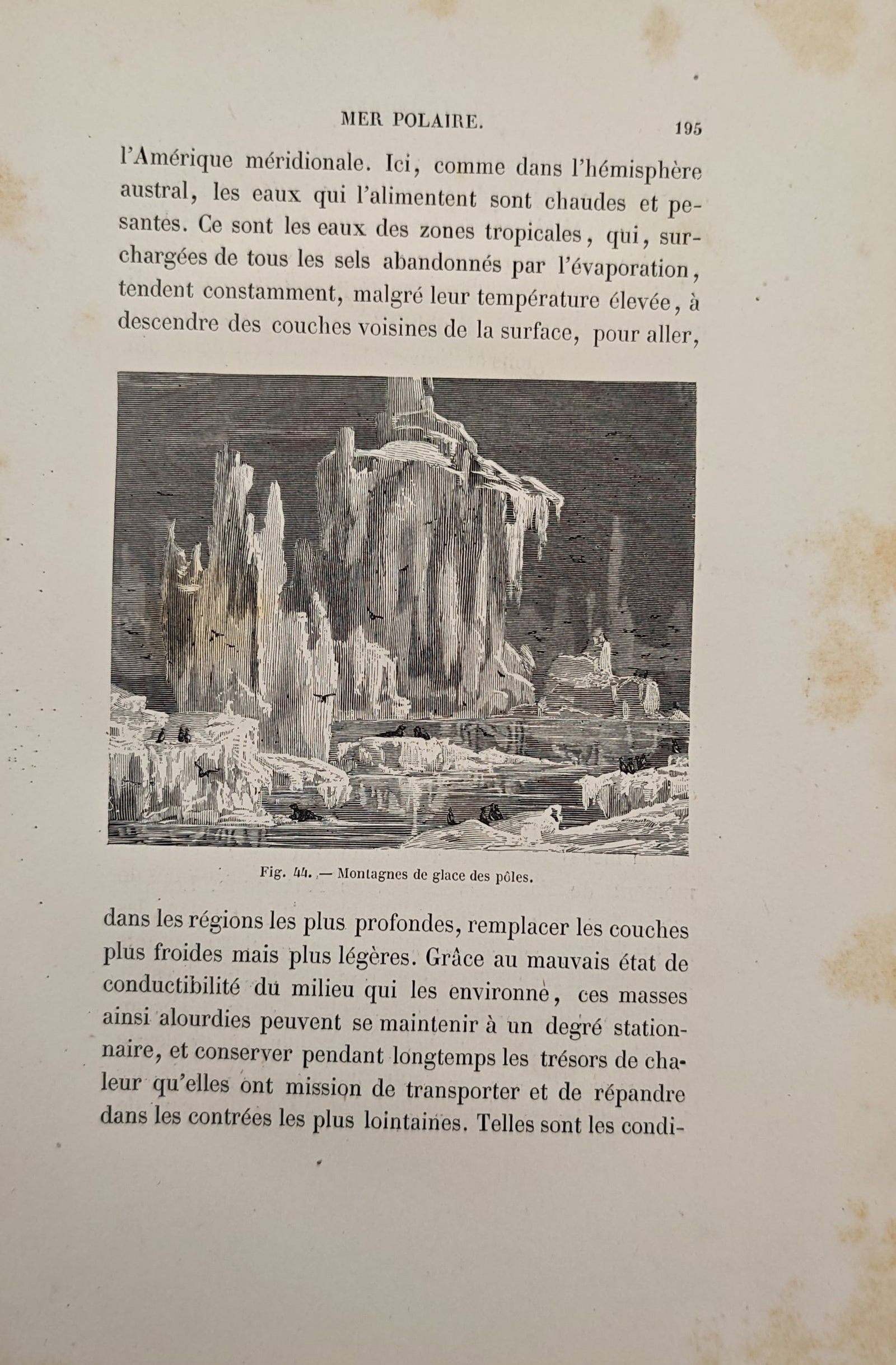 Frédéric Zurcher and Élie Margollé – Polar Ice Mountains – Engraving (19th Century): "Polar Sea" illustrates towering arctic icebergs and frozen ice formations rising amidst polar waters beneath an atmospheric sky. The scientific landscape study reflects nineteenth-century popular sci