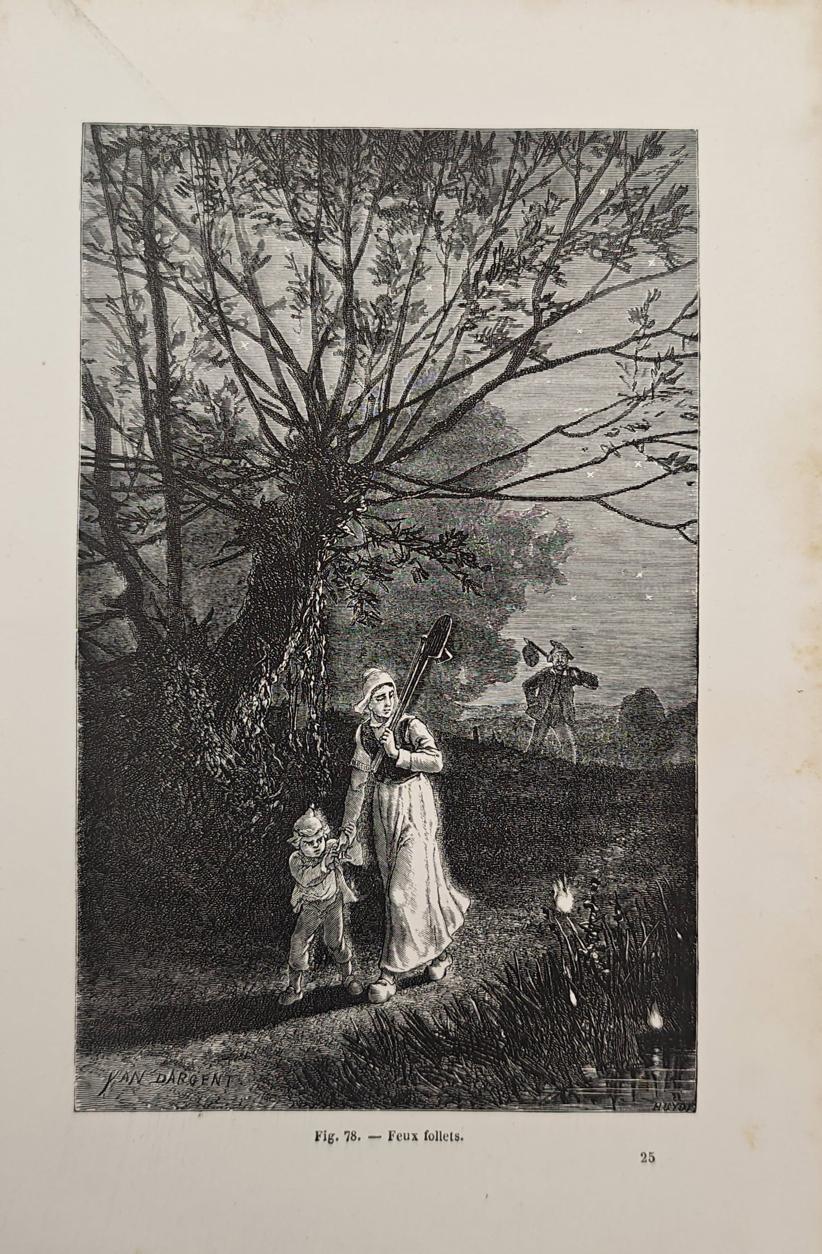 Jean Rambosson – Will-o'-the-Wisps – Engraving (19th Century): "Will-o'-the-Wisps" illustrates figures walking along a rural path at twilight amidst luminous marsh fires glowing near marshland vegetation and willow trees. The atmospheric scientific study reflects