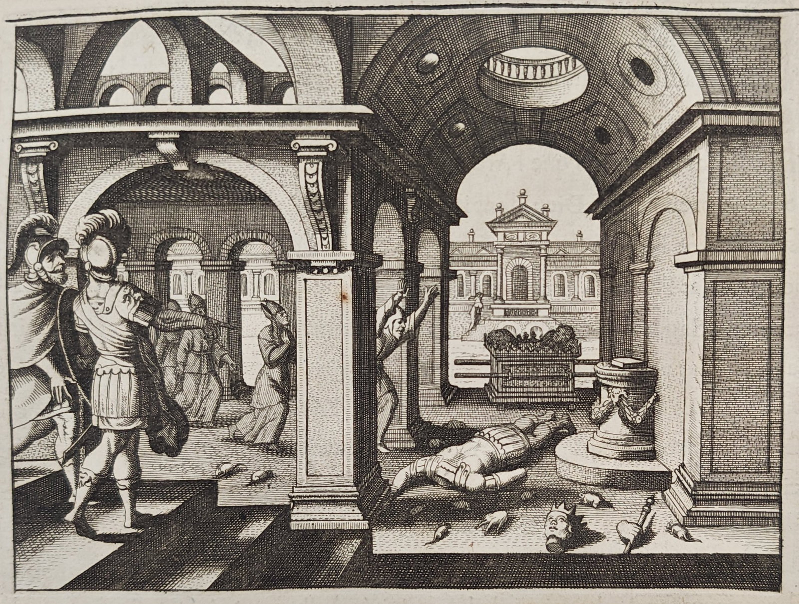 Nicolas Fontaine – Idol of Dagon Cast Down before the Ark – Engraving (17th Century): "Idol of Dagon" portrays the biblical narrative of the Philistine deity shattered upon the temple floor before the Ark of the Covenant as onlookers react in astonishment within classical vaulted archi