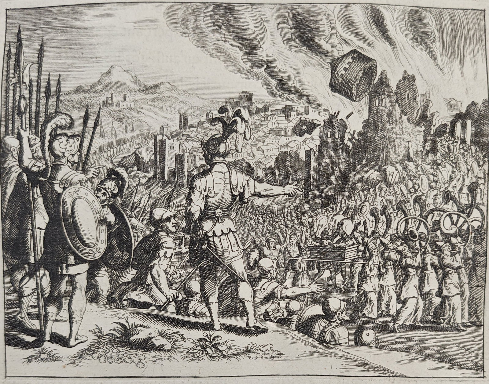 Nicolas Fontaine – The Fall of Jericho – Engraving (17th Century): "Taking of Jericho" portrays the dramatic biblical event where the fortified city walls collapse amid smoke and destruction as priests bearing the Ark of the Covenant sound their trumpets before the a