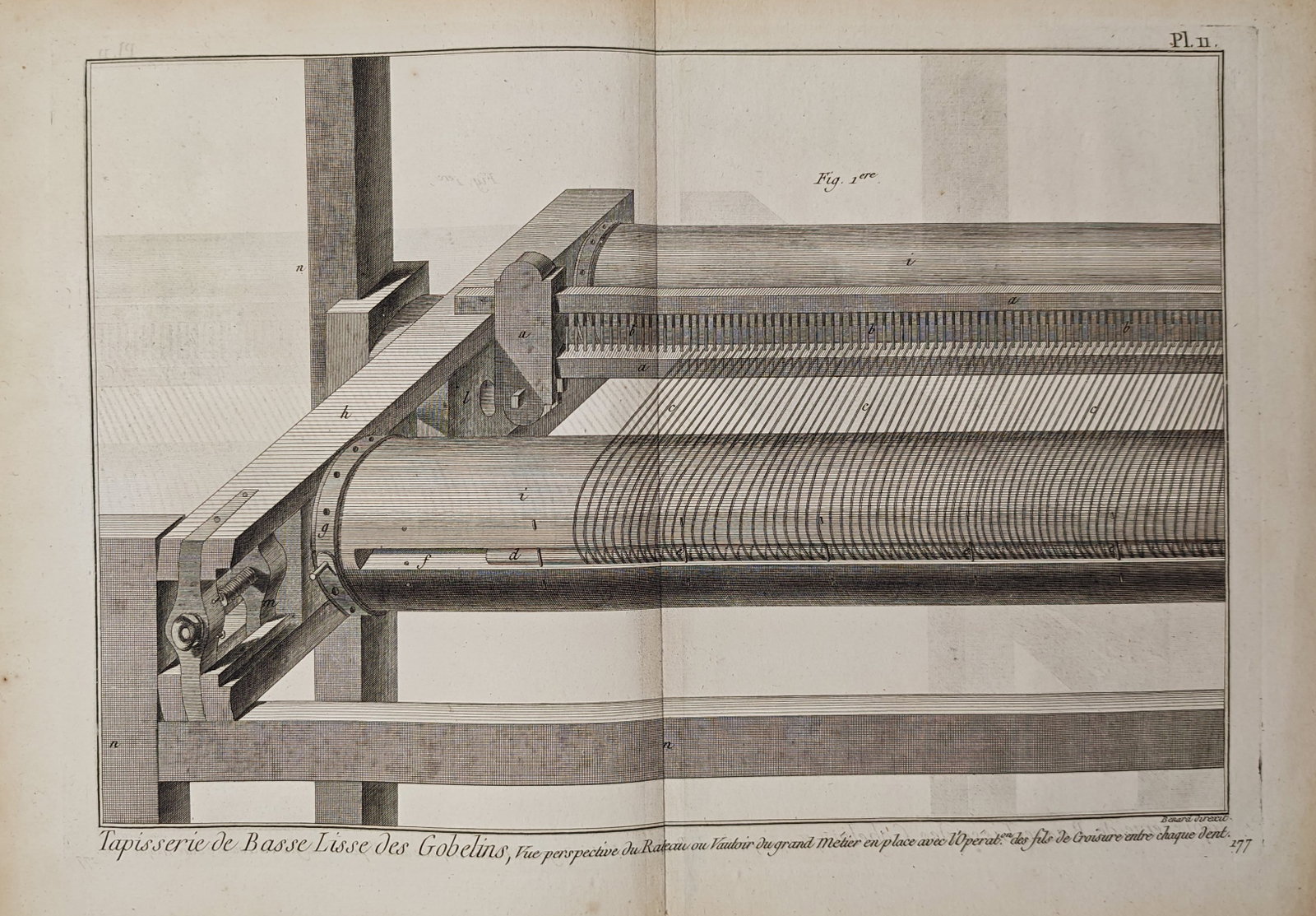 Robert Benard – Gobelins Low-Warp Tapestry Loom – Engraving (18th Century): "Low-Warp Tapestry of the Gobelins" illustrates the mechanical structure and warp beam mechanism of a large horizontal loom used in historic textile manufacturing. The technical study demonstrates the